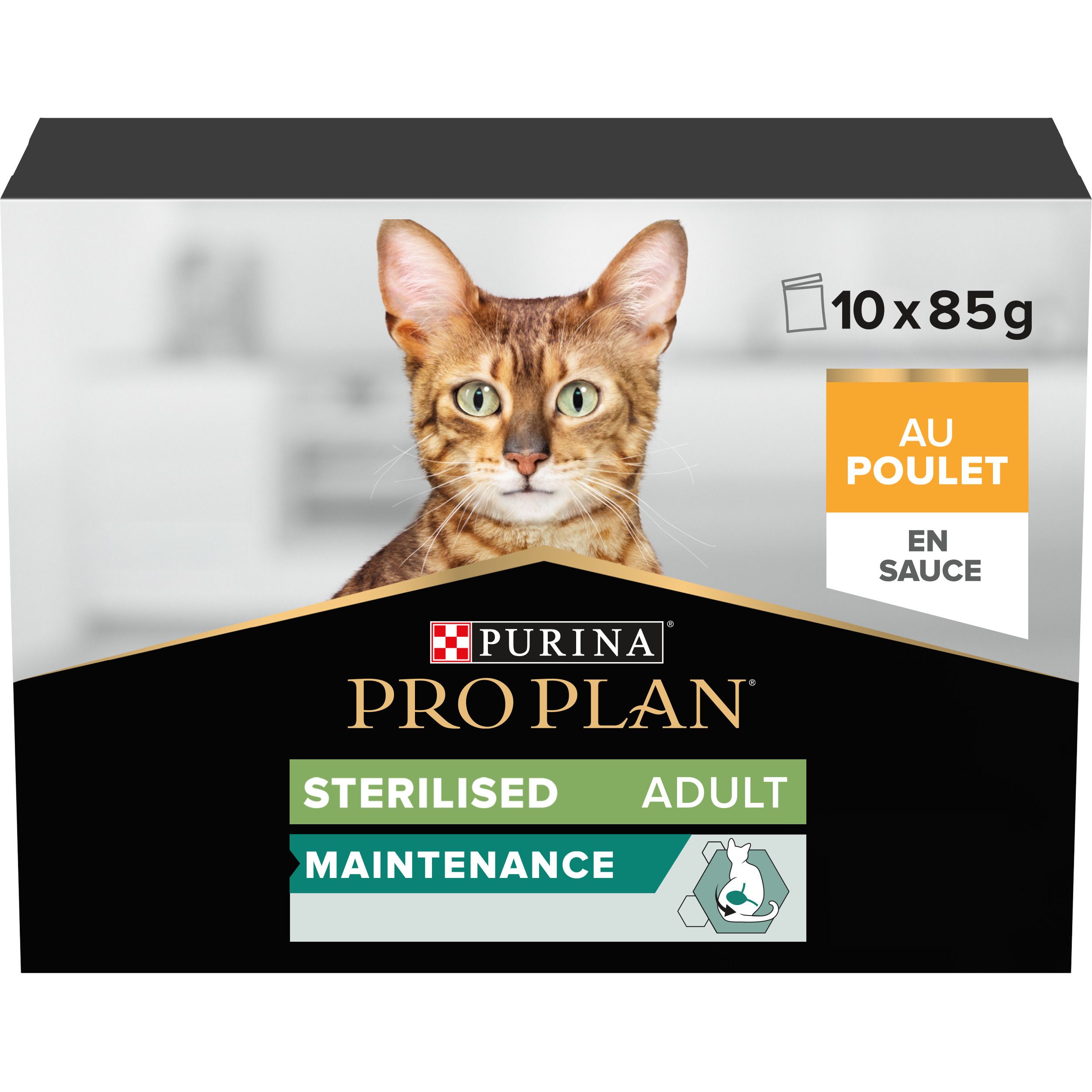 Paquet de 10 sachets de 85g. Inscription: Au Poulet en Sauce. Purina Pro Plan Sterilised Adult.
