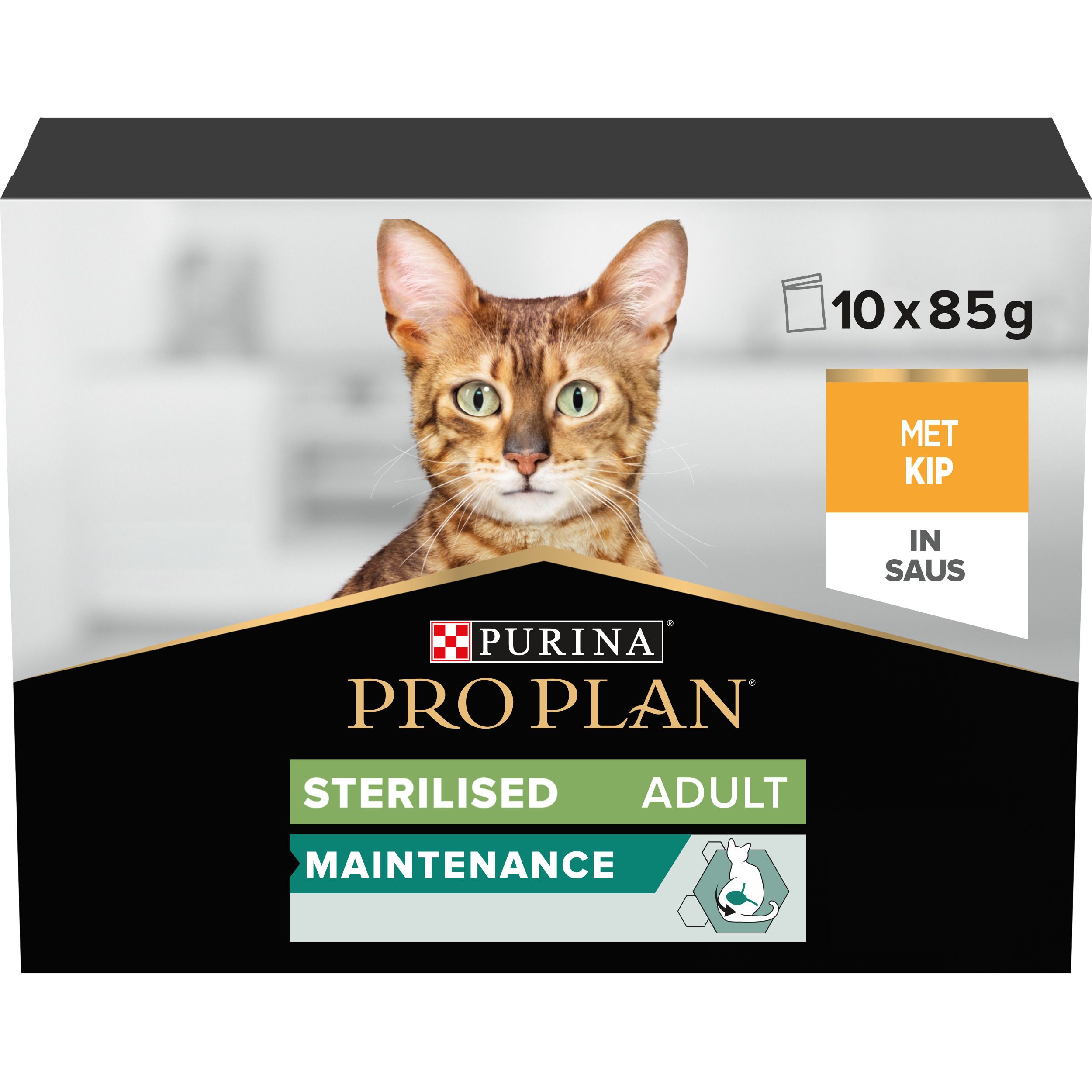 Doos Purina Pro Plan Sterilised Adult. Kat afgebeeld. Met kip in saus. 10 x 85g.