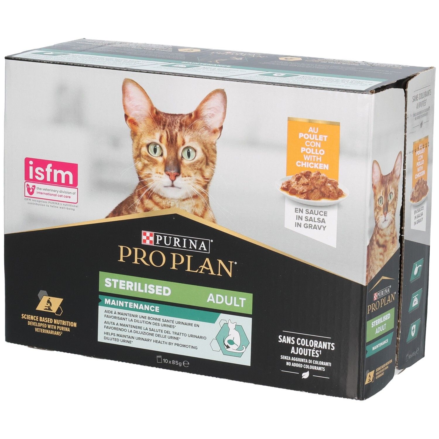 Doos Purina Pro Plan Sterilised Adult. Kat afgebeeld. Met kip in saus. 10 x 85g. Zonder toegevoegde kleurstoffen.