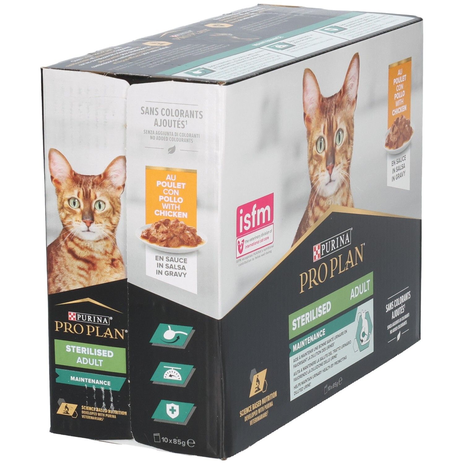 Doos Purina Pro Plan Sterilised Adult. Kat afgebeeld. Met kip in saus. Zonder toegevoegde kleurstoffen.