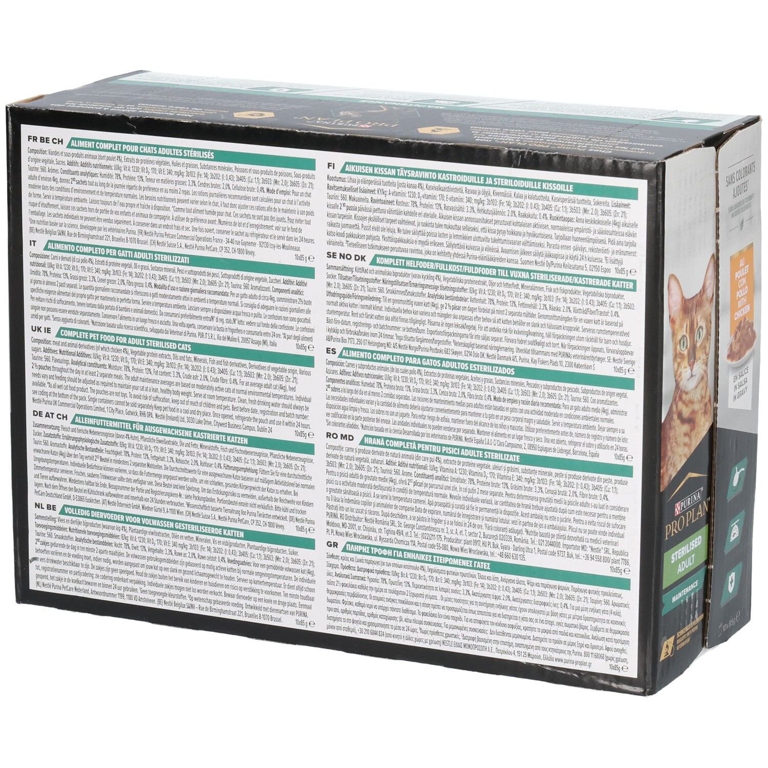 Achterkant van de doos Purina Pro Plan Sterilised Adult. Tekst in meerdere talen.
