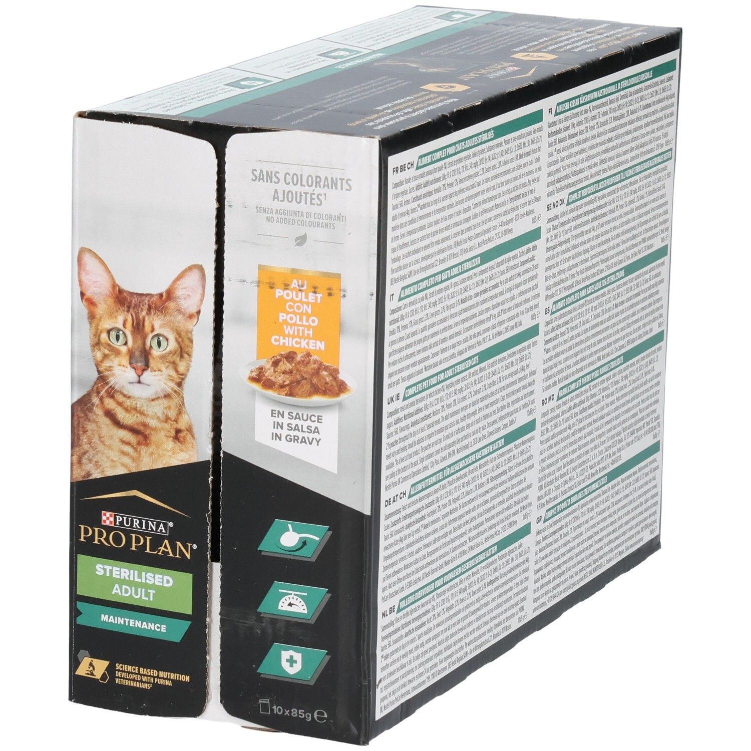 Doos Purina Pro Plan Sterilised Adult. Kat afgebeeld. Met kip in saus. 10 x 85g.