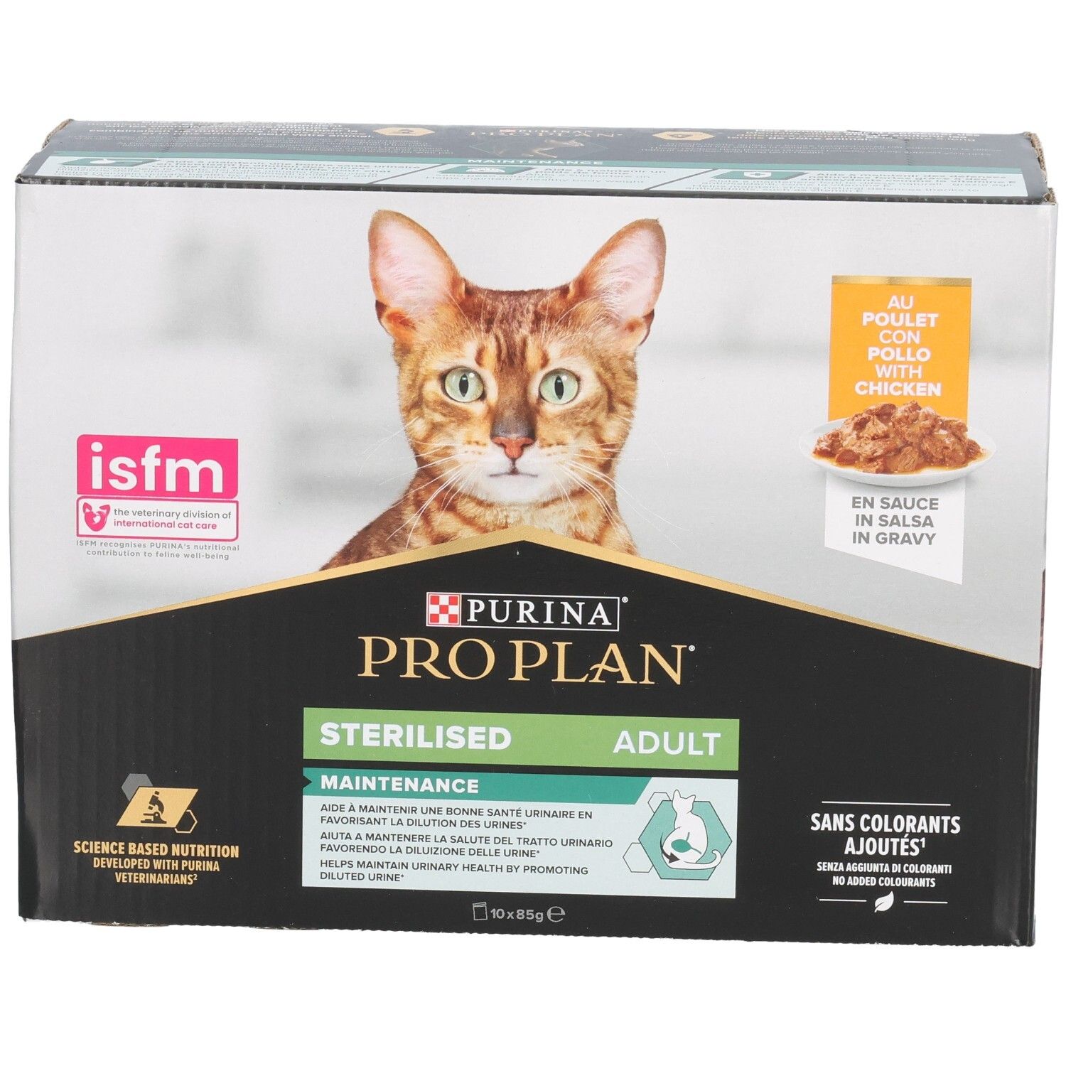 Doos Purina Pro Plan Sterilised Adult. Kat afgebeeld. Met kip in saus. 10 x 85g.