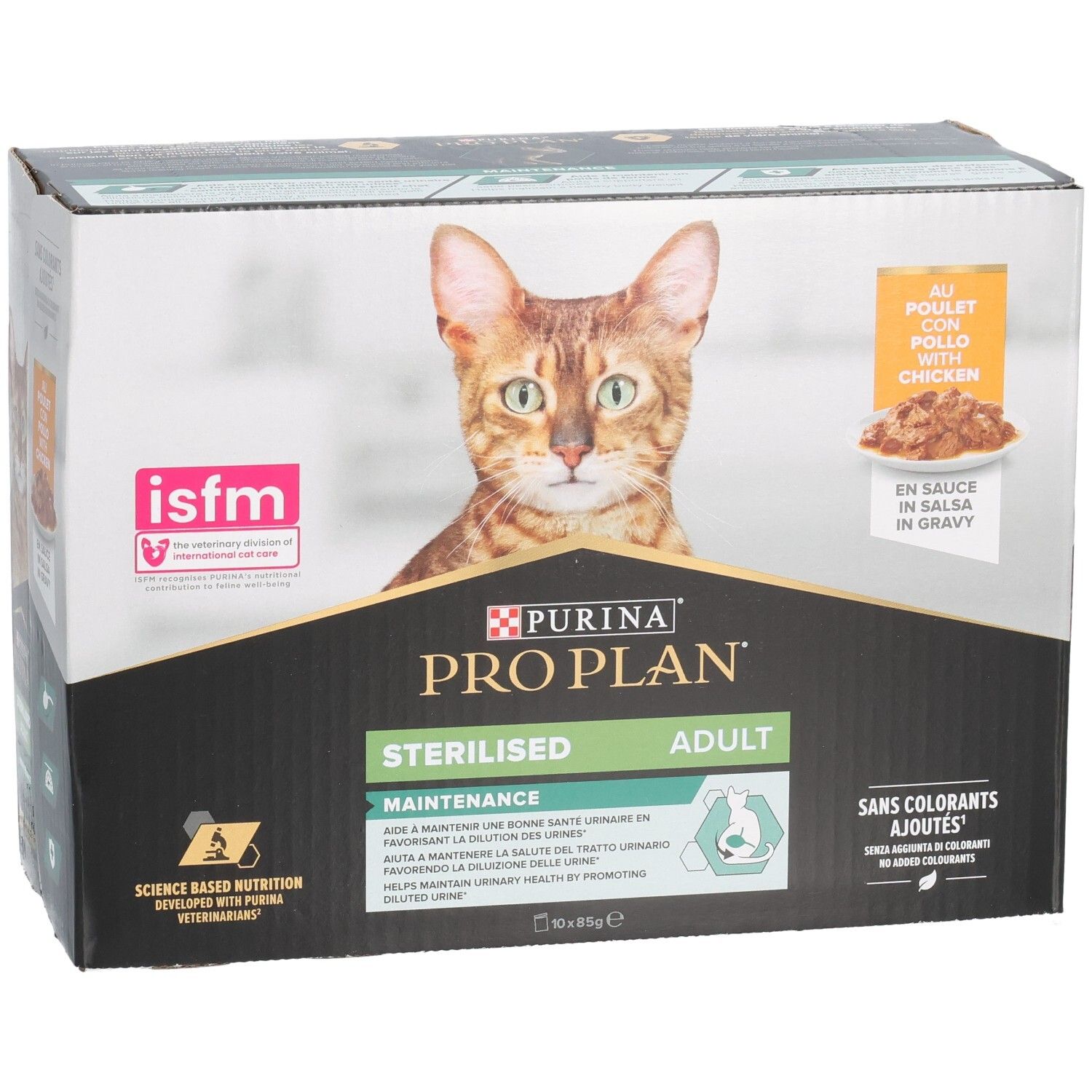 Doos Purina Pro Plan Sterilised Adult. Kat afgebeeld. Met kip in saus. 10 x 85g.