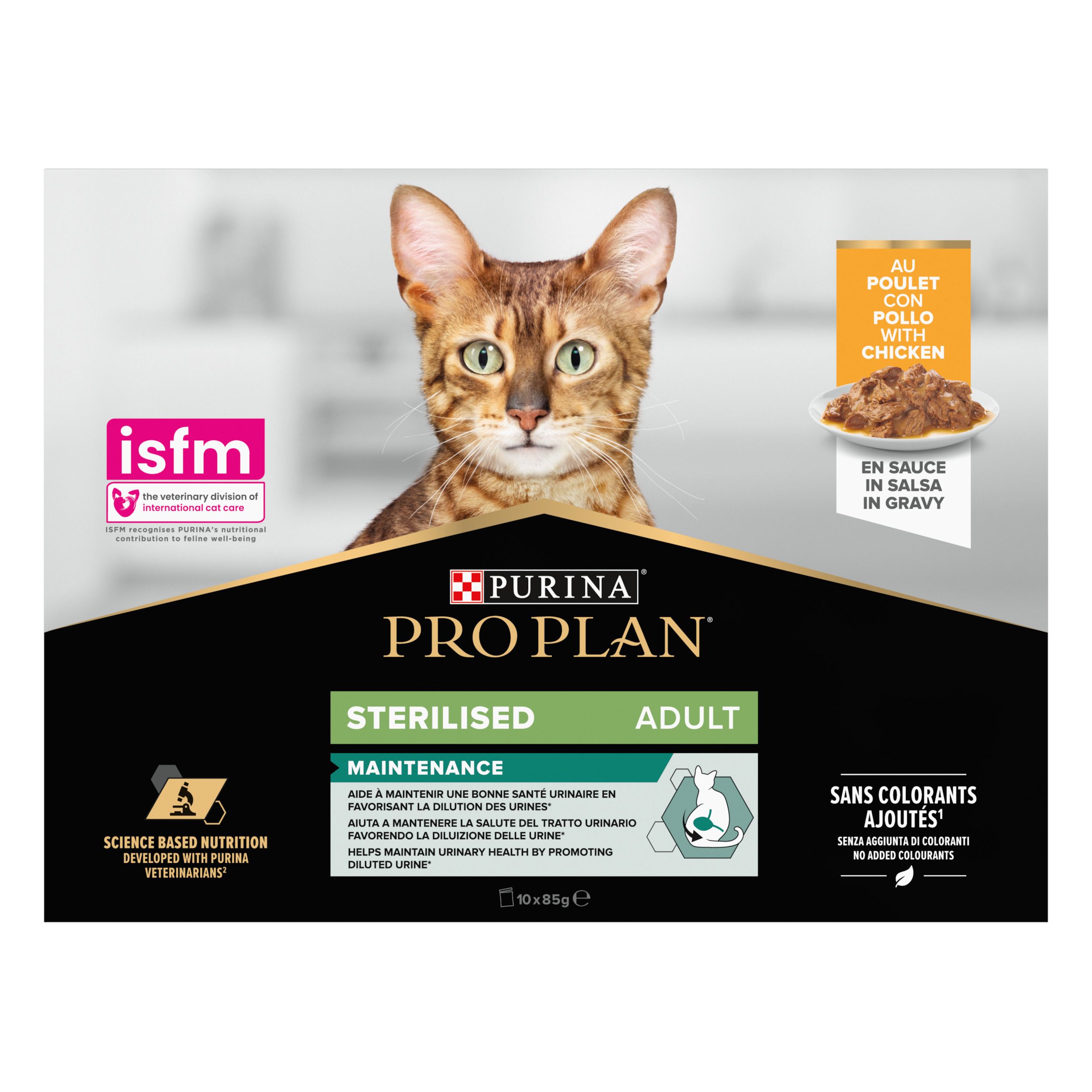 Verpakking met 10 zakjes van 85g. Opschrift: Met Kip in Saus. Purina Pro Plan Sterilised Adult.