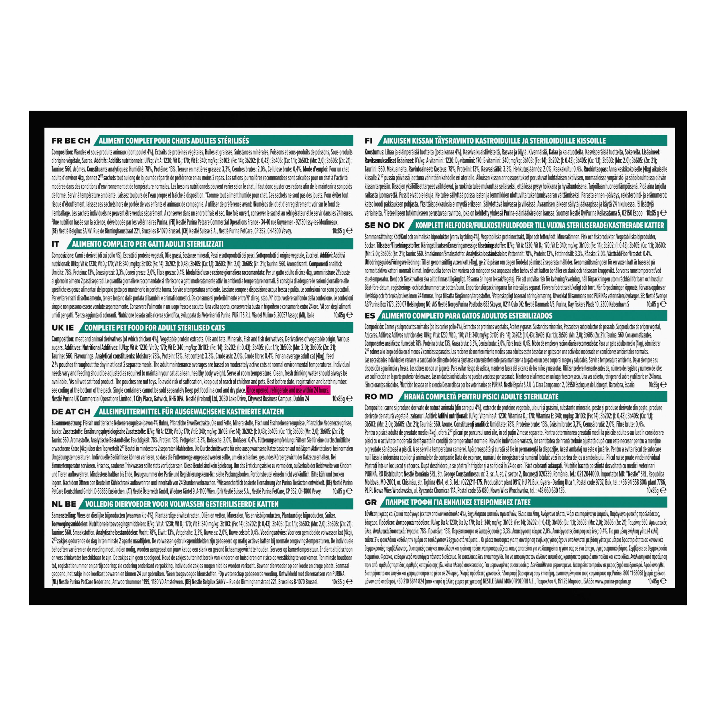 Dos de l'emballage. Texte: Aliments complets pour chats adultes stérilisés. Ingrédients.