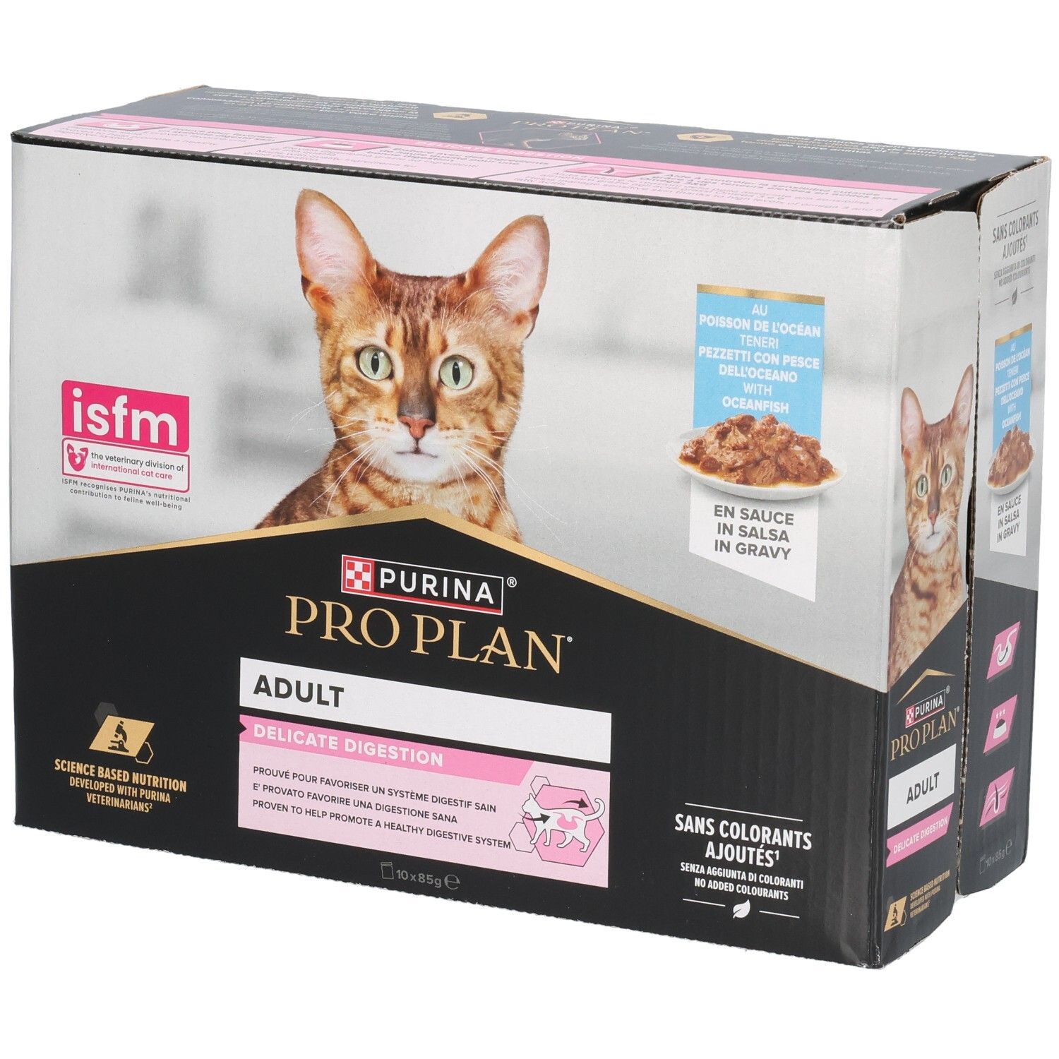 Doos Purina Pro Plan Adult Delicate Digestion. Afbeelding van kat. 10 zakjes. Zonder toegevoegde kleurstoffen.
