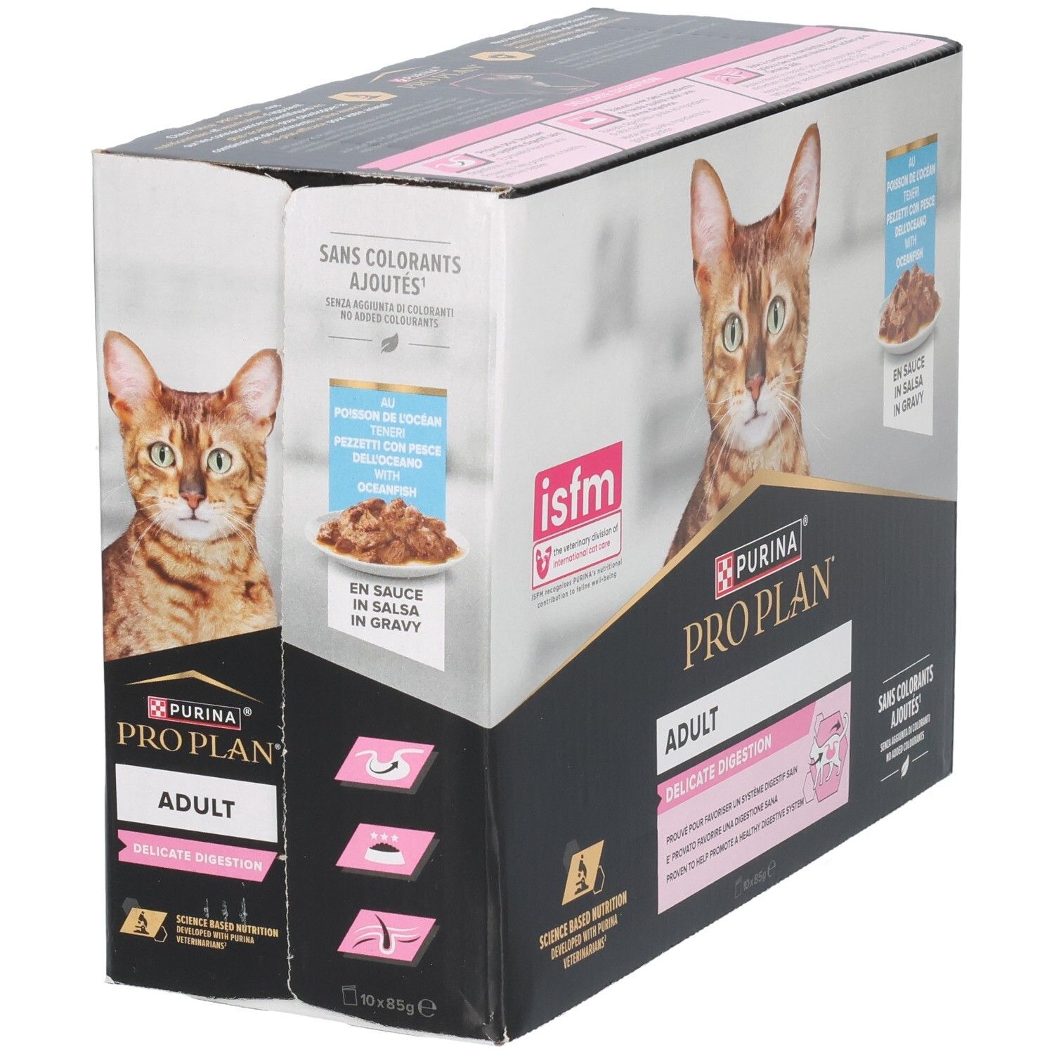 Doos Purina Pro Plan Adult Delicate Digestion. Afbeelding van kat. 10 zakjes. Zonder toegevoegde kleurstoffen.