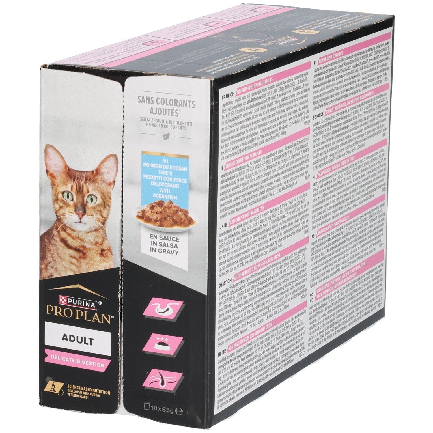Doos Purina Pro Plan Adult Delicate Digestion. Afbeelding van kat. 10 zakjes. Zonder toegevoegde kleurstoffen.