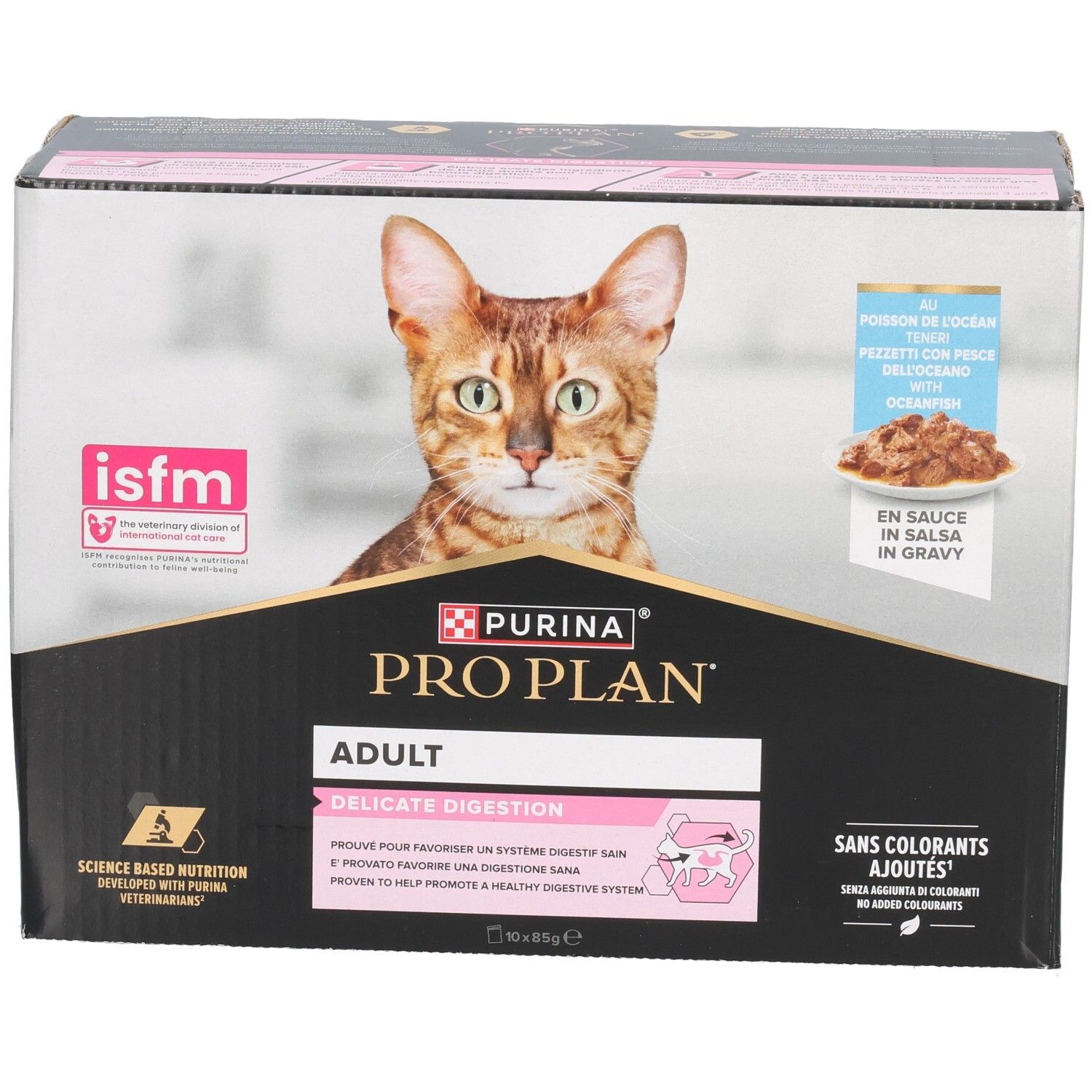 Doos Purina Pro Plan Adult Delicate Digestion. Afbeelding van kat. 10 zakjes. Zonder toegevoegde kleurstoffen.