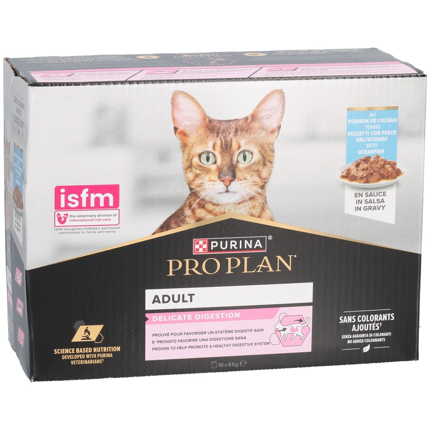 Doos Purina Pro Plan Adult Delicate Digestion. Afbeelding van kat. 10 zakjes. Zonder toegevoegde kleurstoffen.
