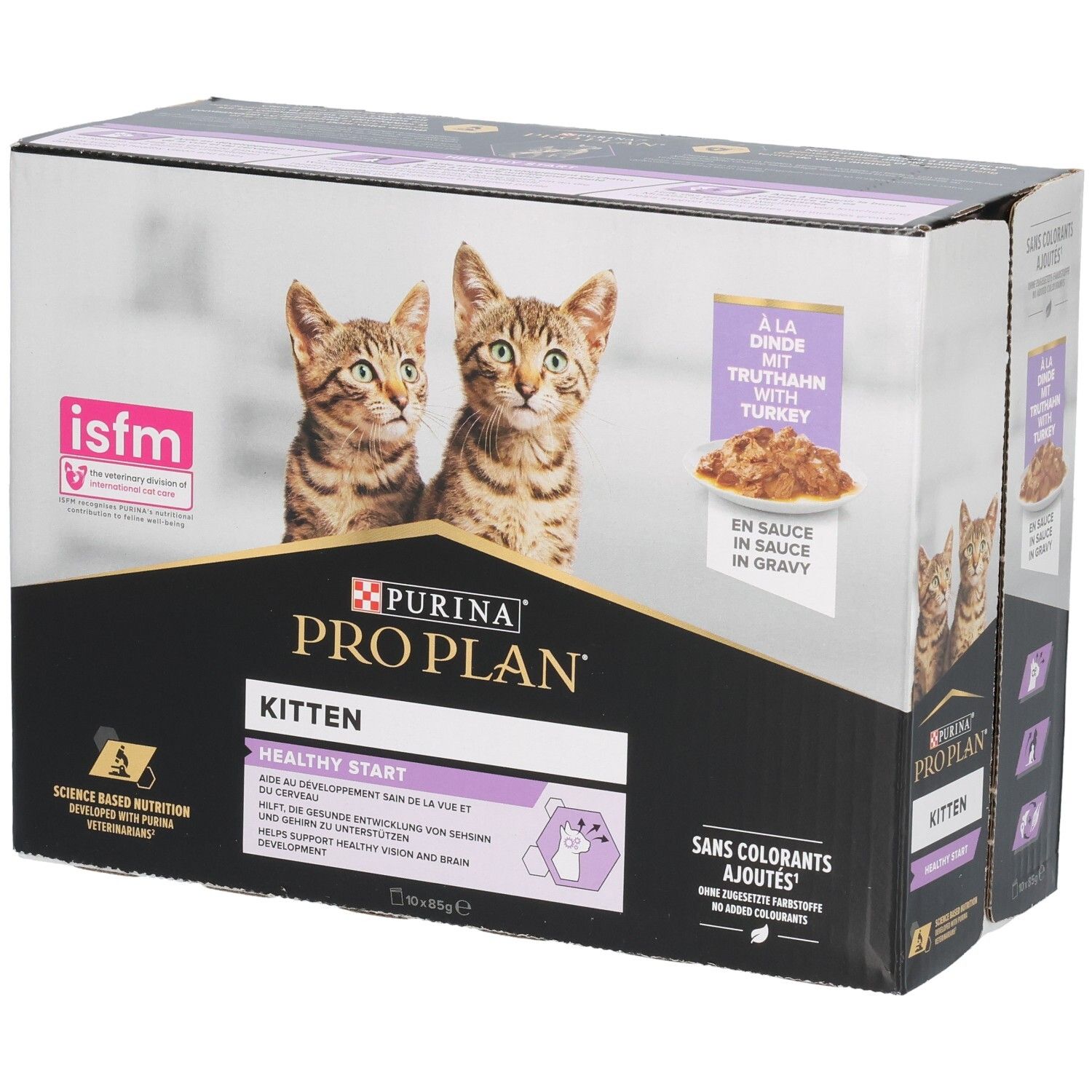 Kartonverpakking kattenvoer. Purina Pro Plan Kitten, kalkoen in saus. Twee kittens. ISFM-logo. Zonder toegevoegde kleurstoffen.