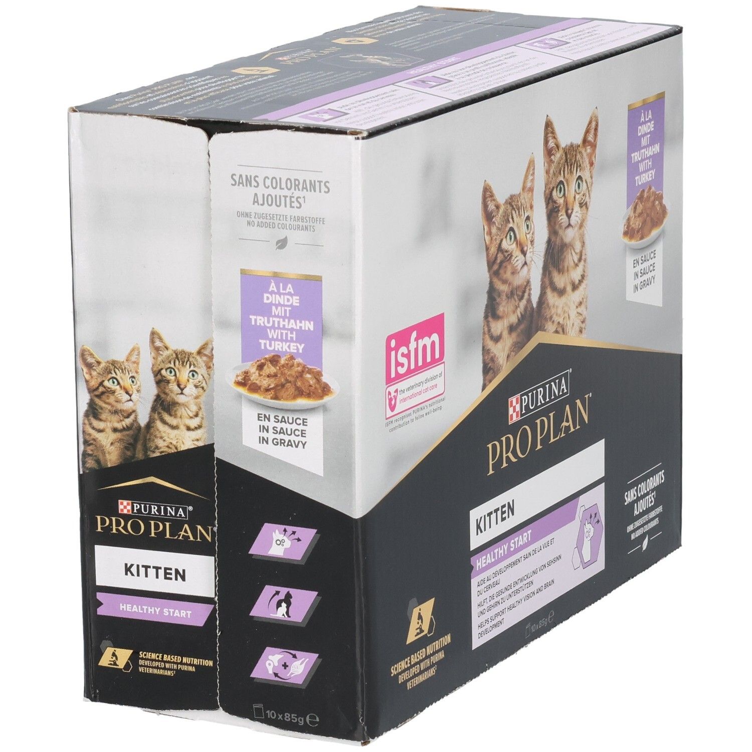 Kartonverpakking kattenvoer. Purina Pro Plan Kitten, kalkoen in saus. Twee kittens. Zonder kleurstoffen. Tekst op achterkant.