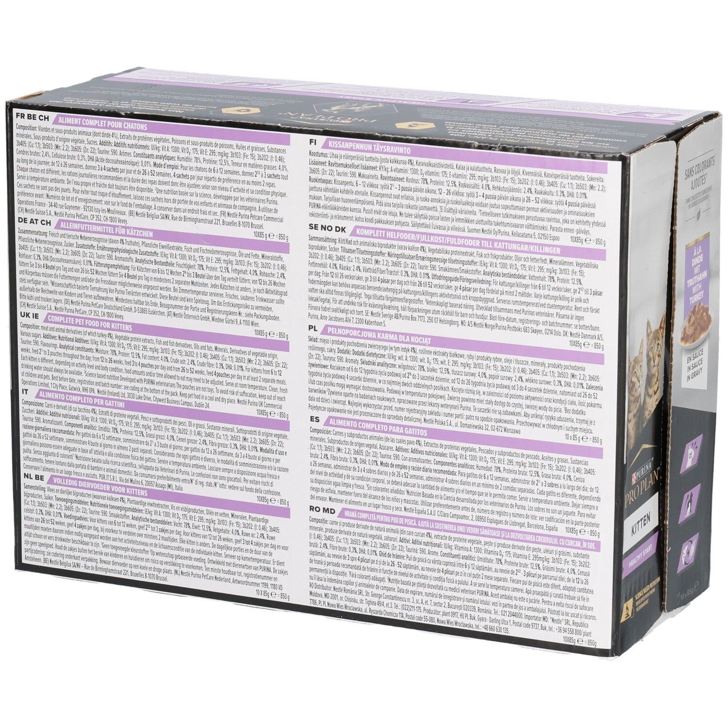 Achterkant van de kattenvoer verpakking. Meertalige tekst. Productinformatie en voedingswaarden.