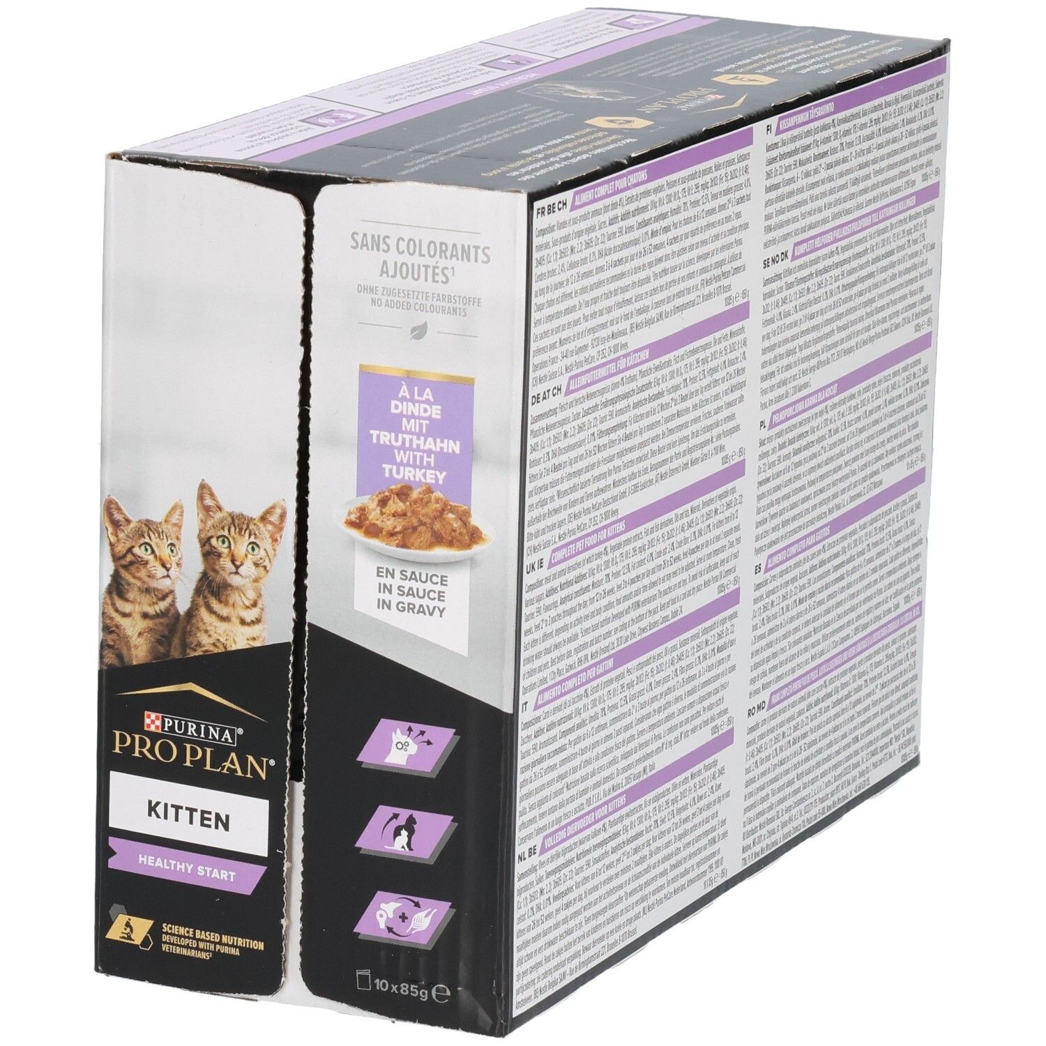 Kartonverpakking kattenvoer. Purina Pro Plan Kitten, kalkoen in saus. Twee kittens. Tekst op achterkant.