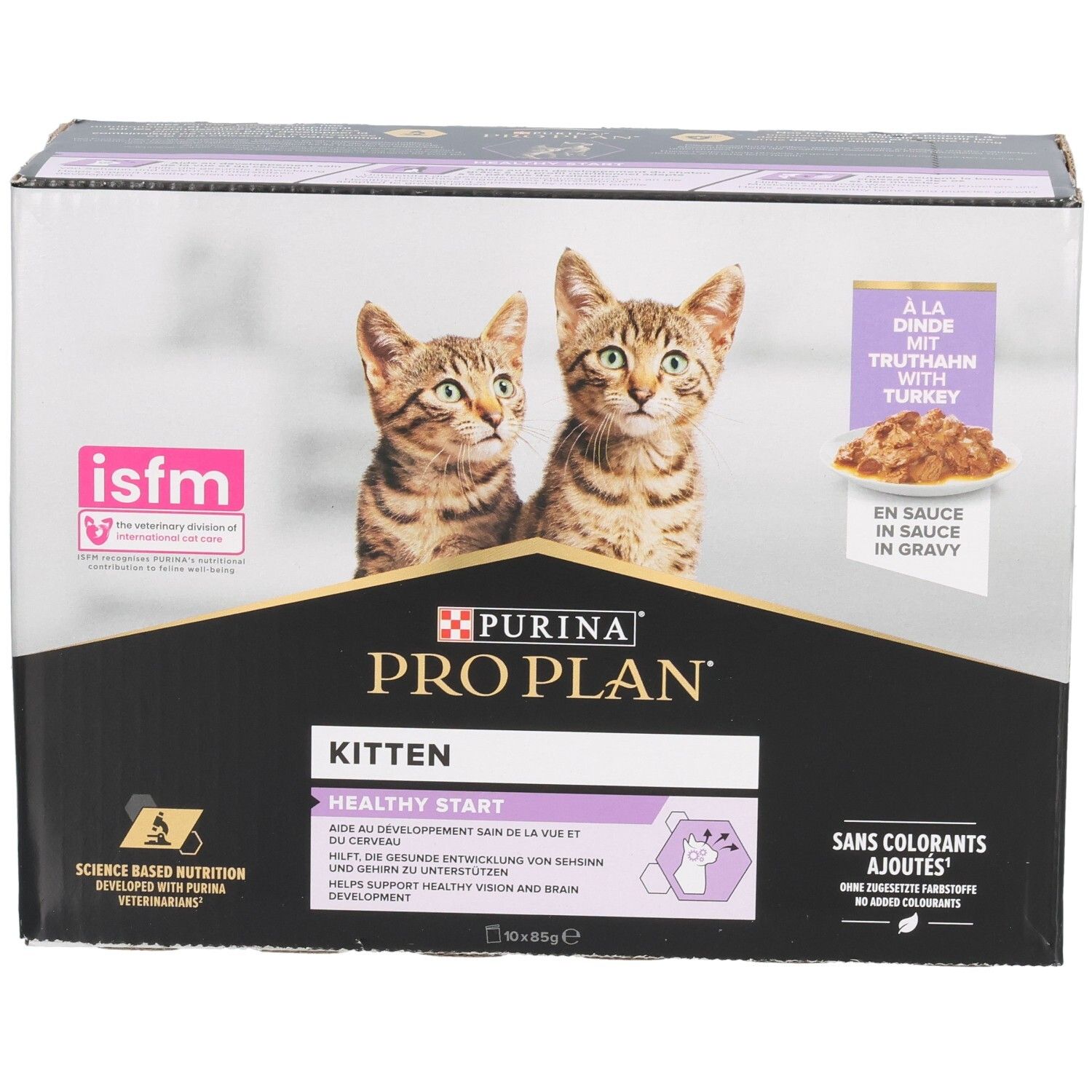 Kartonverpakking kattenvoer. Purina Pro Plan Kitten, kalkoen in saus. Twee kittens. ISFM-logo. Zonder toegevoegde kleurstoffen.