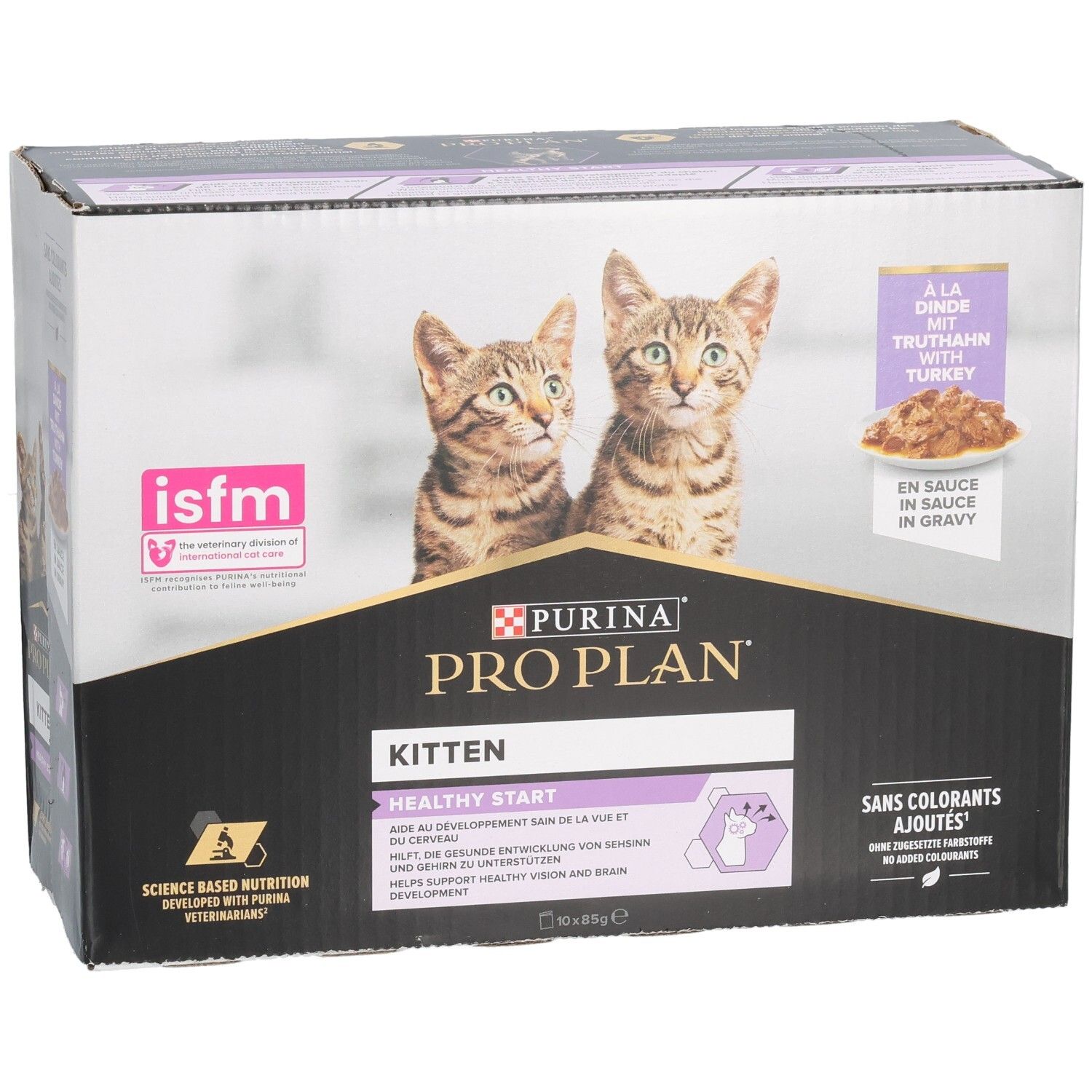 Kartonverpakking kattenvoer. Purina Pro Plan Kitten, kalkoen in saus. Twee kittens. ISFM-logo. Zonder toegevoegde kleurstoffen.