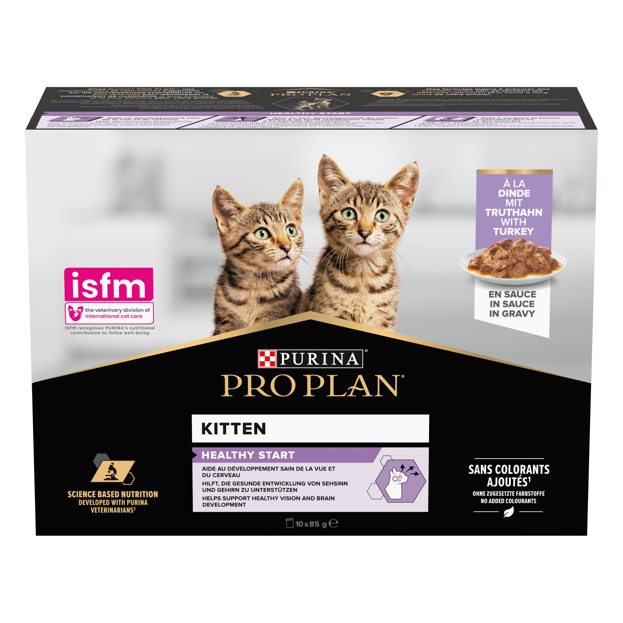 Boîte de nourriture pour chatons. Purina Pro Plan Kitten, dinde en sauce. Deux chatons. 10 x 85g.