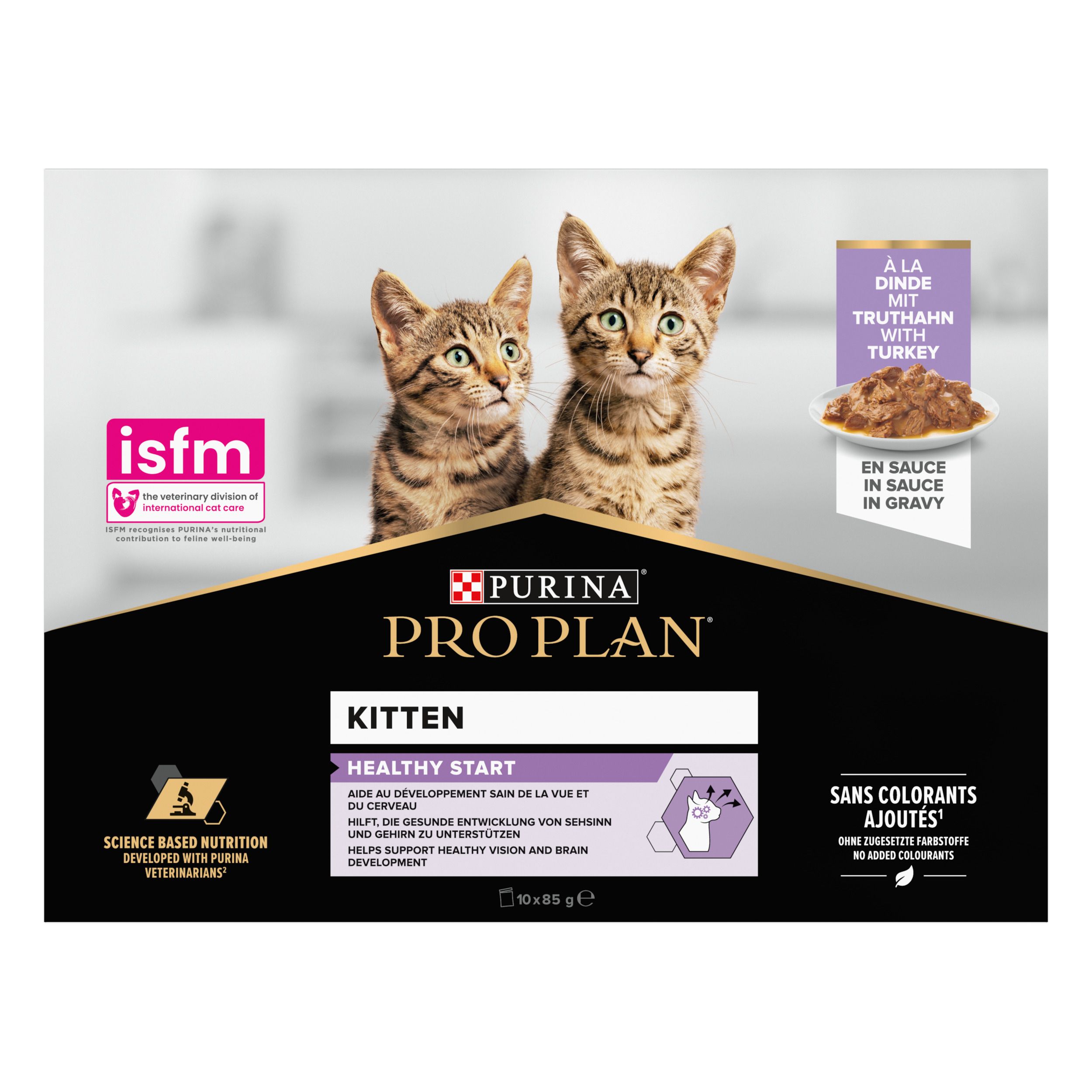 Kartonverpakking kattenvoer. Purina Pro Plan Kitten, kalkoen in saus. Twee kittens. 10 x 85g.