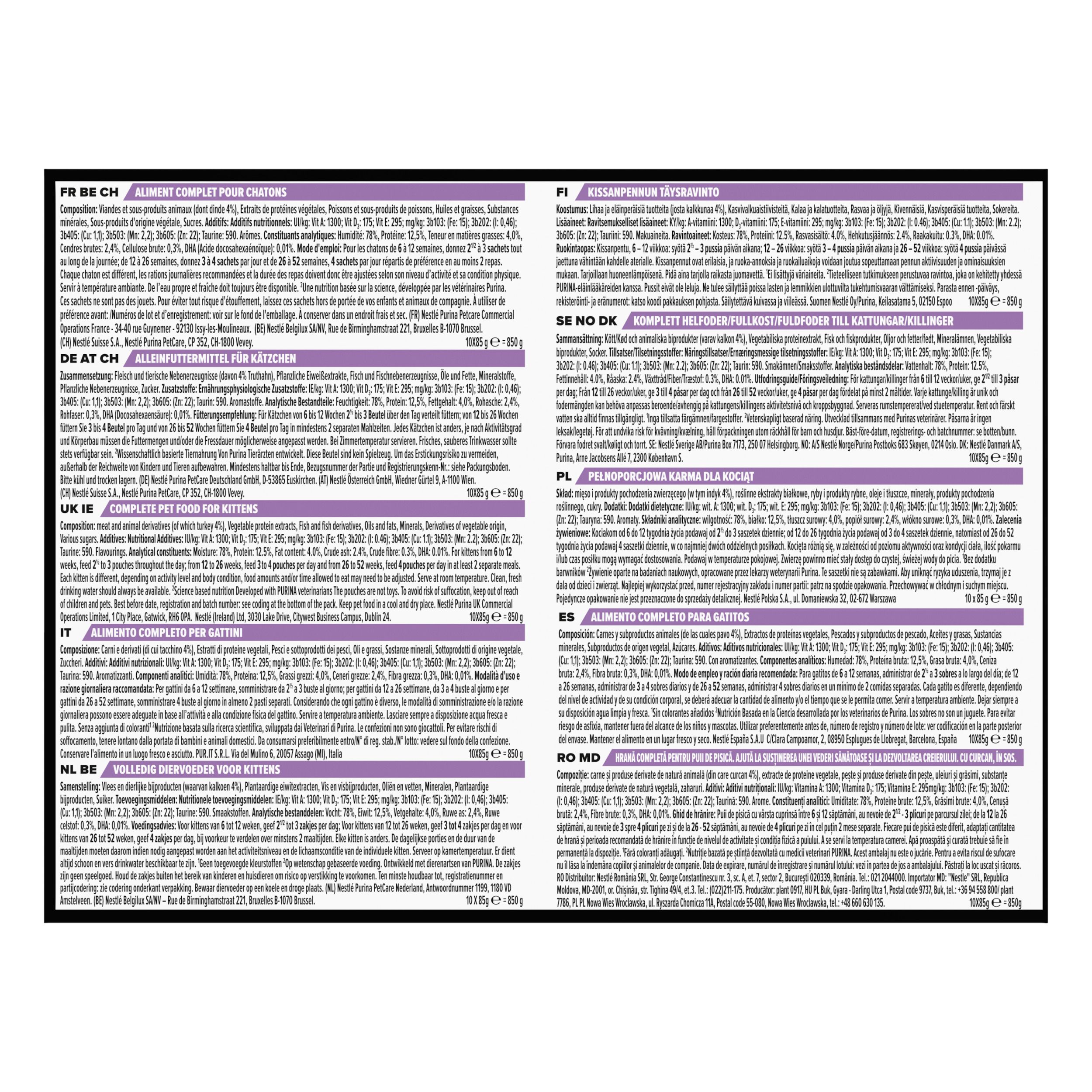 Boîte de nourriture pour chatons. Purina Pro Plan Kitten, dinde en sauce. Deux chatons. 10 x 85g.