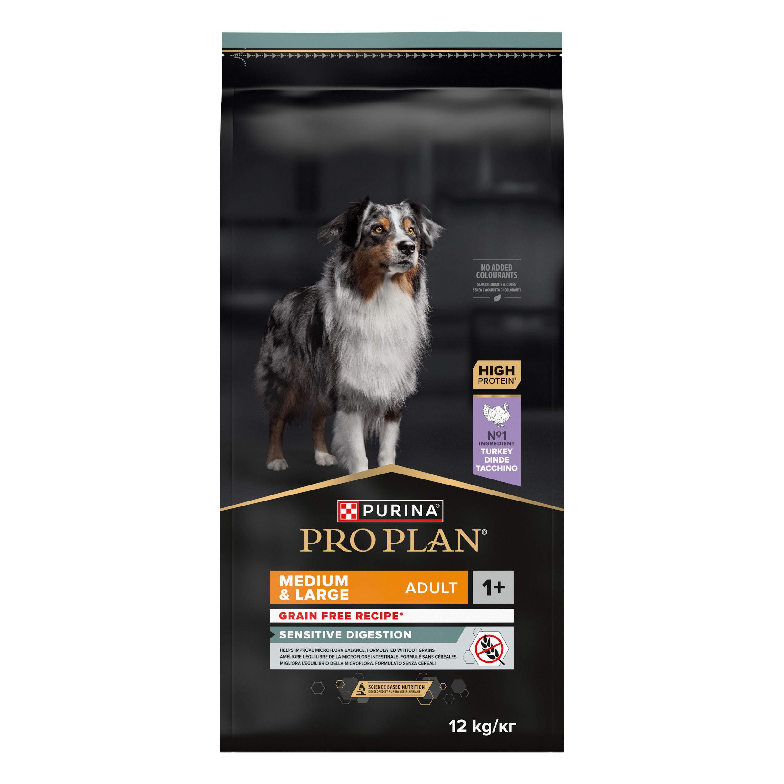 Hondenvoerzak PRO PLAN, Medium & Large Adult, Grain Free, Sensitive Digestion. Afbeelding van een hond.