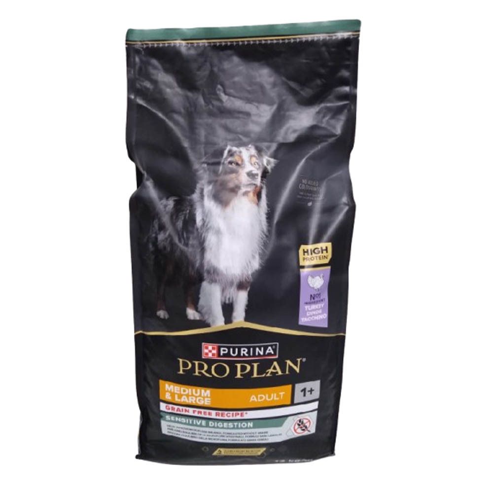 Hondenvoerzak PRO PLAN, Medium & Large Adult, Grain Free, Sensitive Digestion. Afbeelding van een hond.