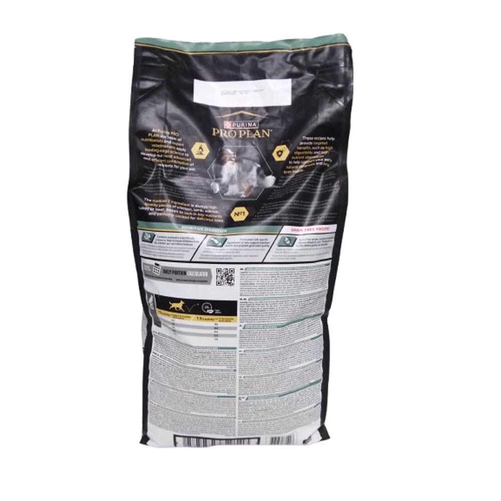 Achterkant van de hondenvoerzak PRO PLAN. Tekstinformatie, voedingswaarden, aanbevelingen.
