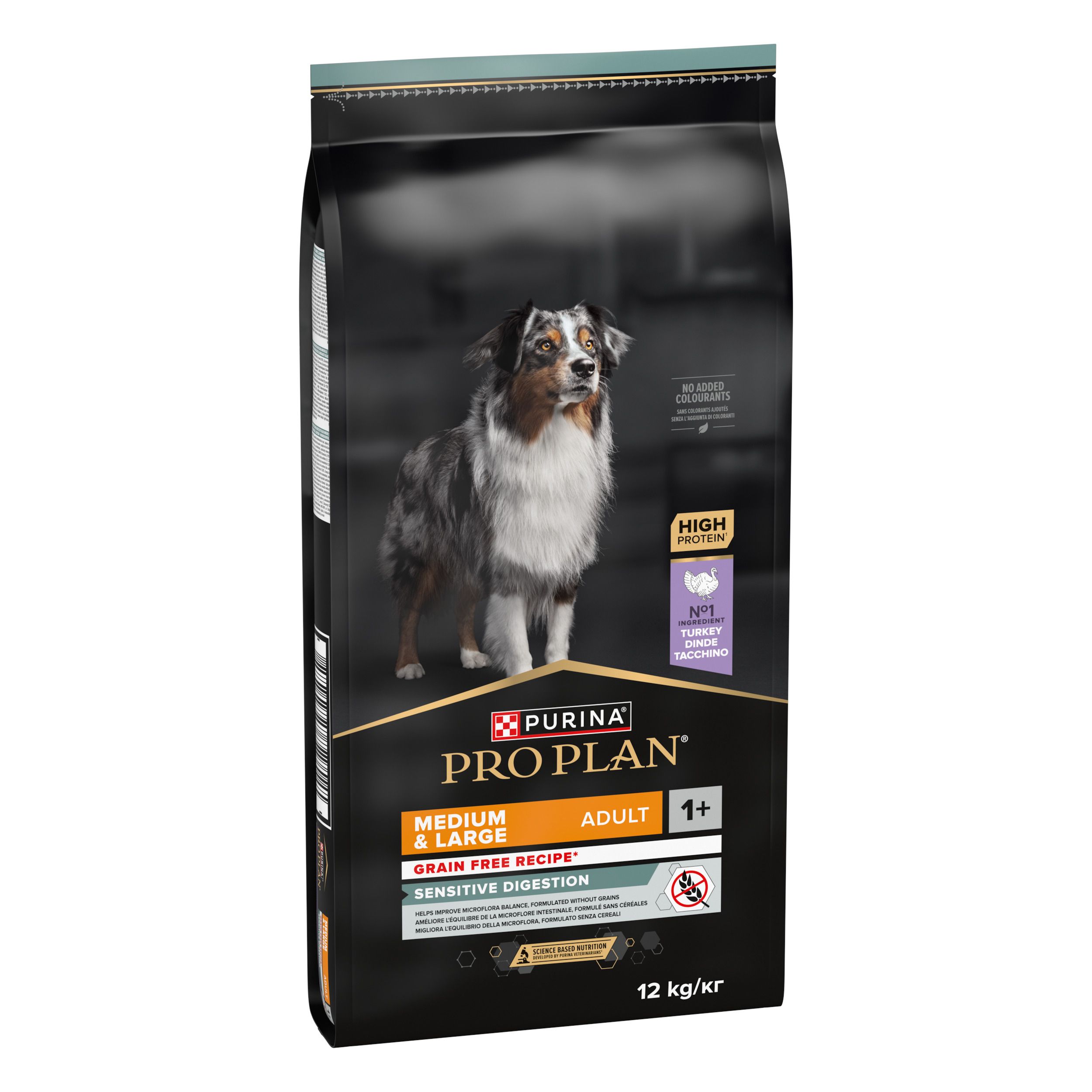 Achterkant van de PRO PLAN zak. Tekst, voedingswaarden, aanbevelingen, ingrediënten.