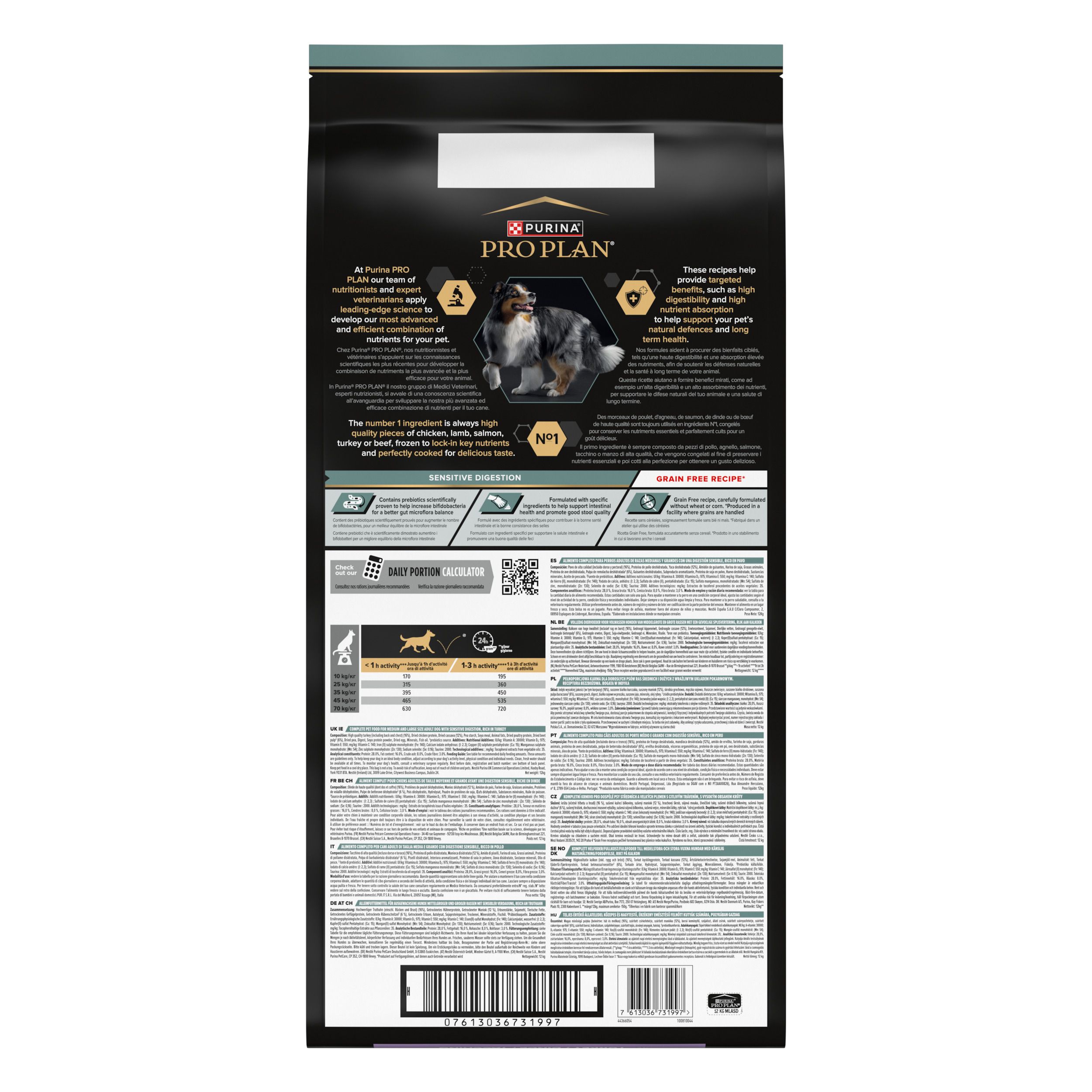 Sac de nourriture PRO PLAN, face avant. Image d'un chien, informations produit, marque, variété.