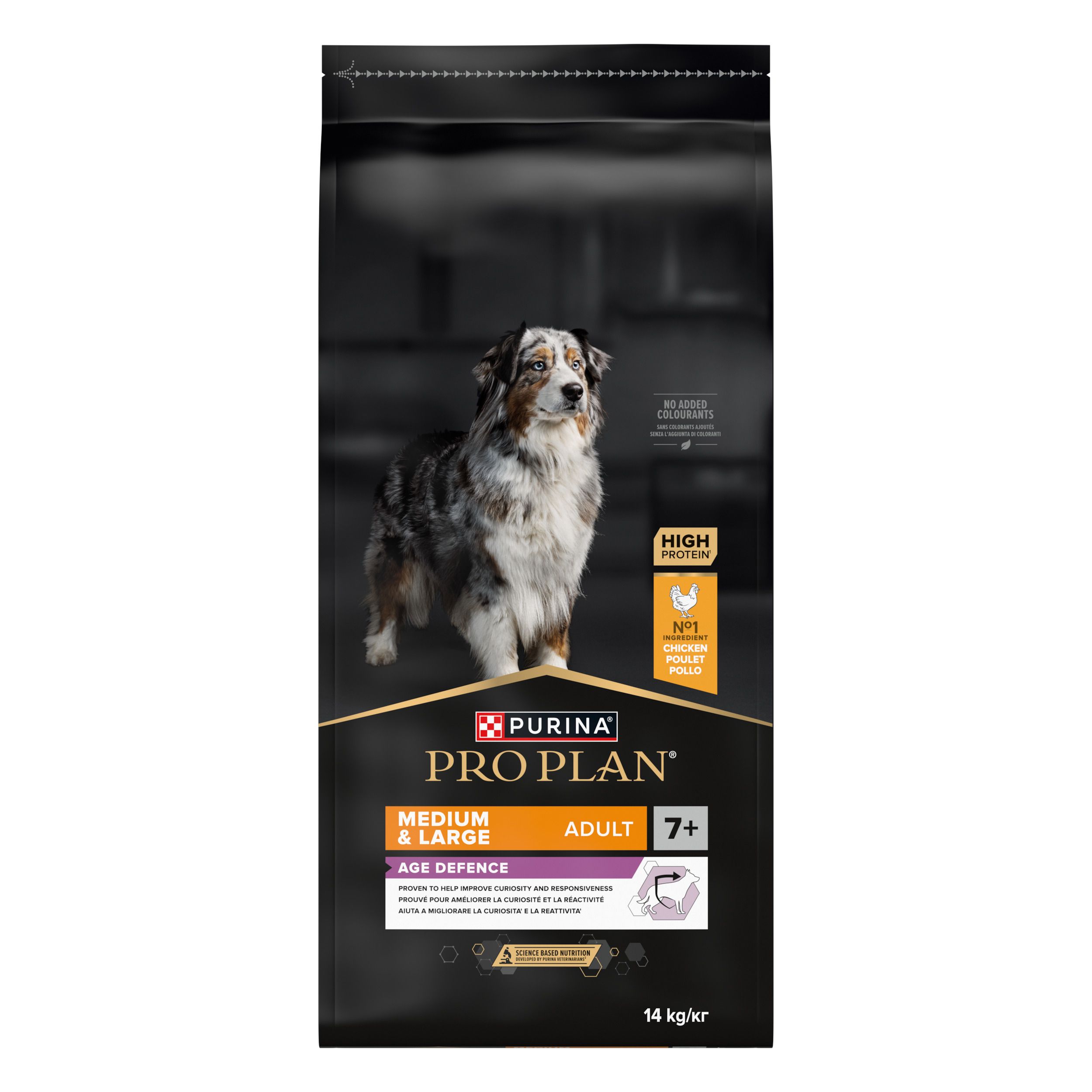 Zwarte zak PRO PLAN® hondenvoer. Afbeelding van een hond. Tekst: MEDIUM & LARGE ADULT 7+.
