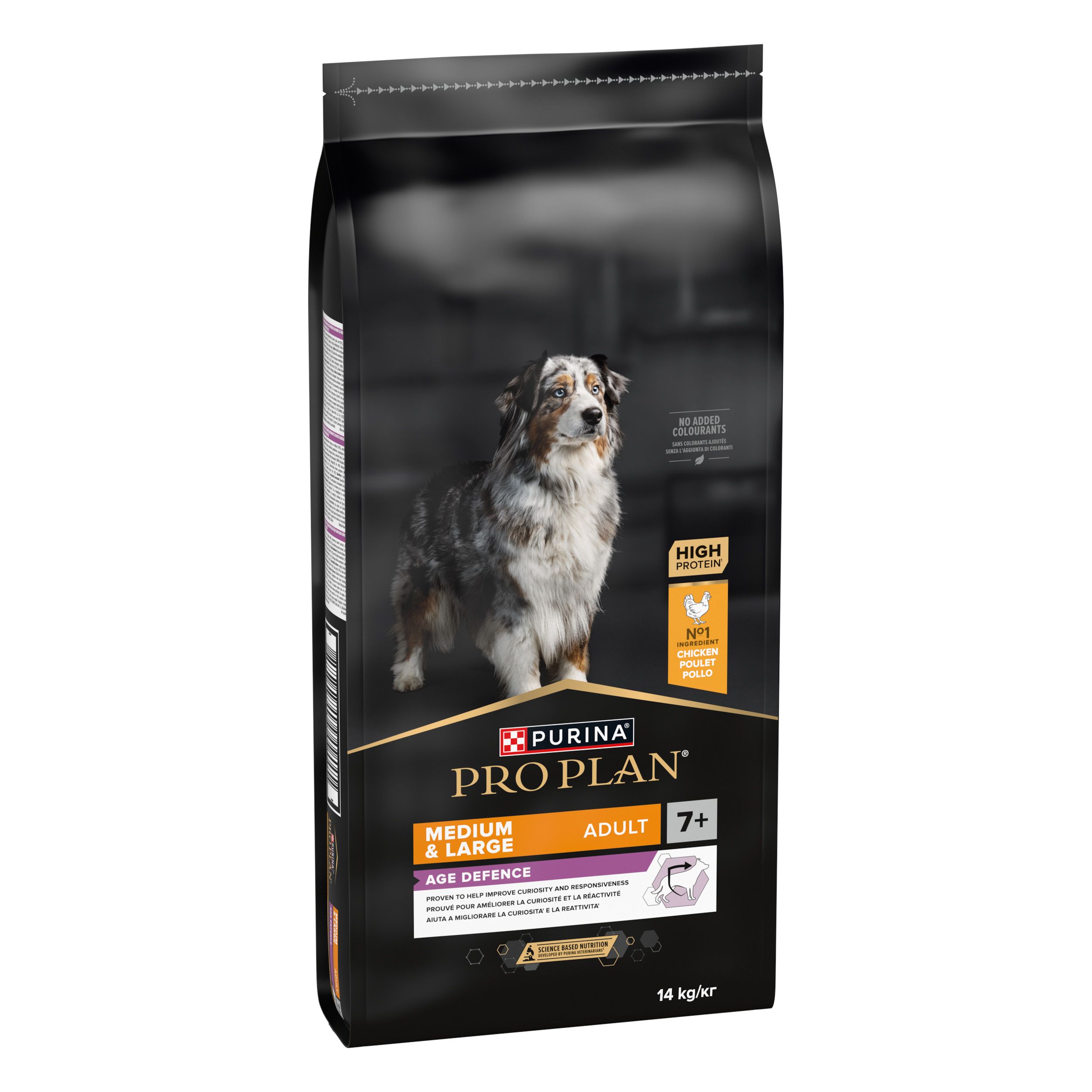 Sac noir PRO PLAN® pour chien. Dos avec texte et informations.