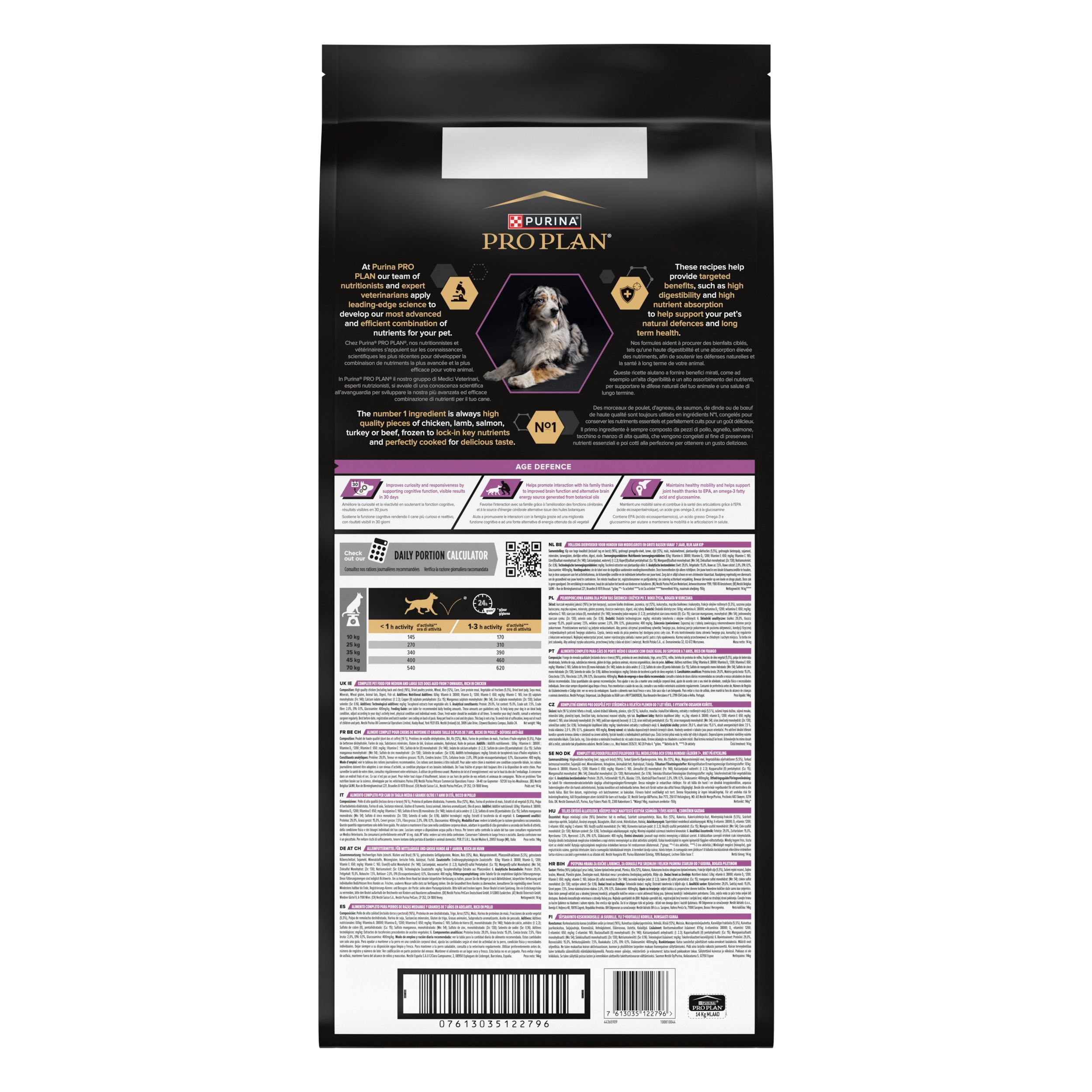 Zwarte zak PRO PLAN® hondenvoer. Afbeelding van een hond. Tekst: MEDIUM & LARGE ADULT 7+.