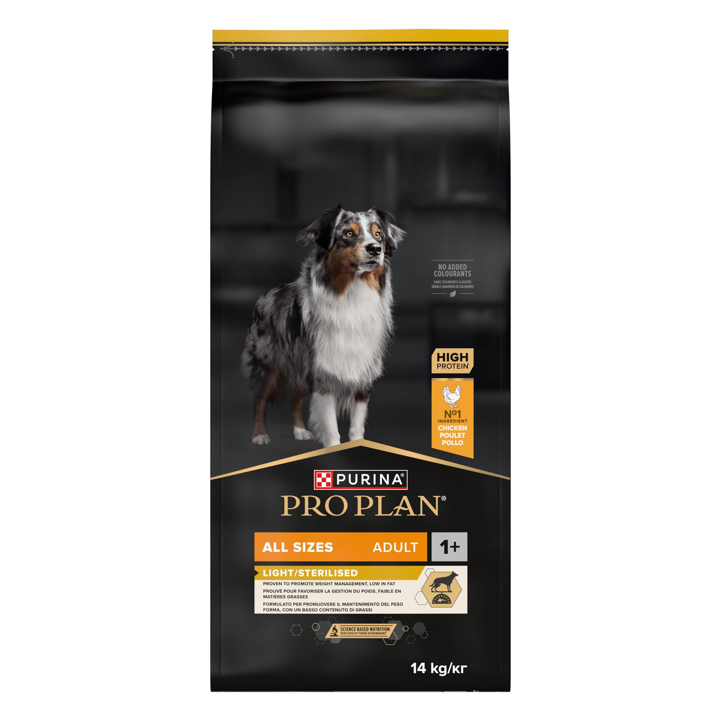 PRO PLAN® Light Sterilized Adult hondenvoer. Zwarte verpakking met hond, gele accenten. Bevat kip.
