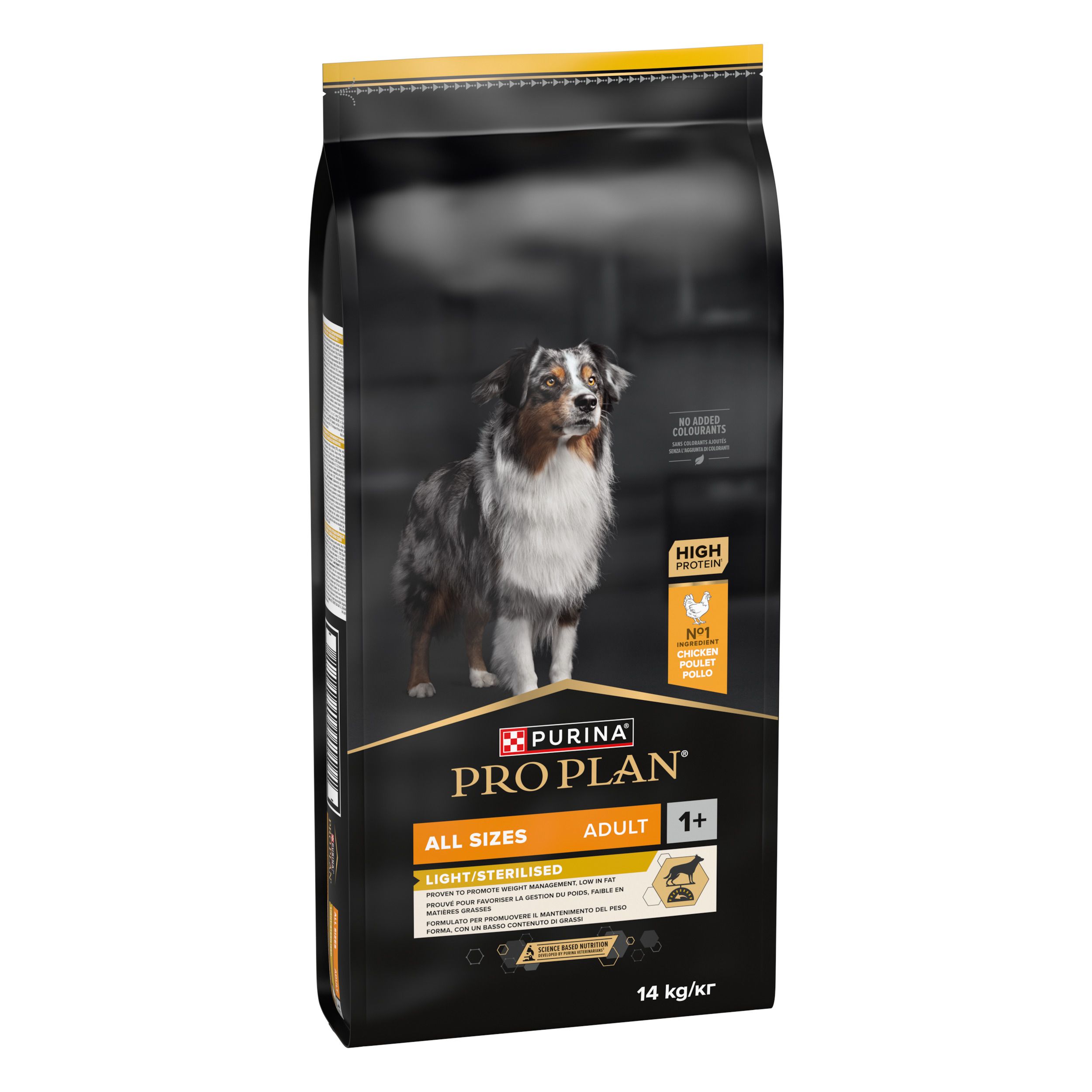 PRO PLAN® Light Sterilized Adult hondenvoer. Zwarte verpakking met hond, gele accenten. Bevat kip.