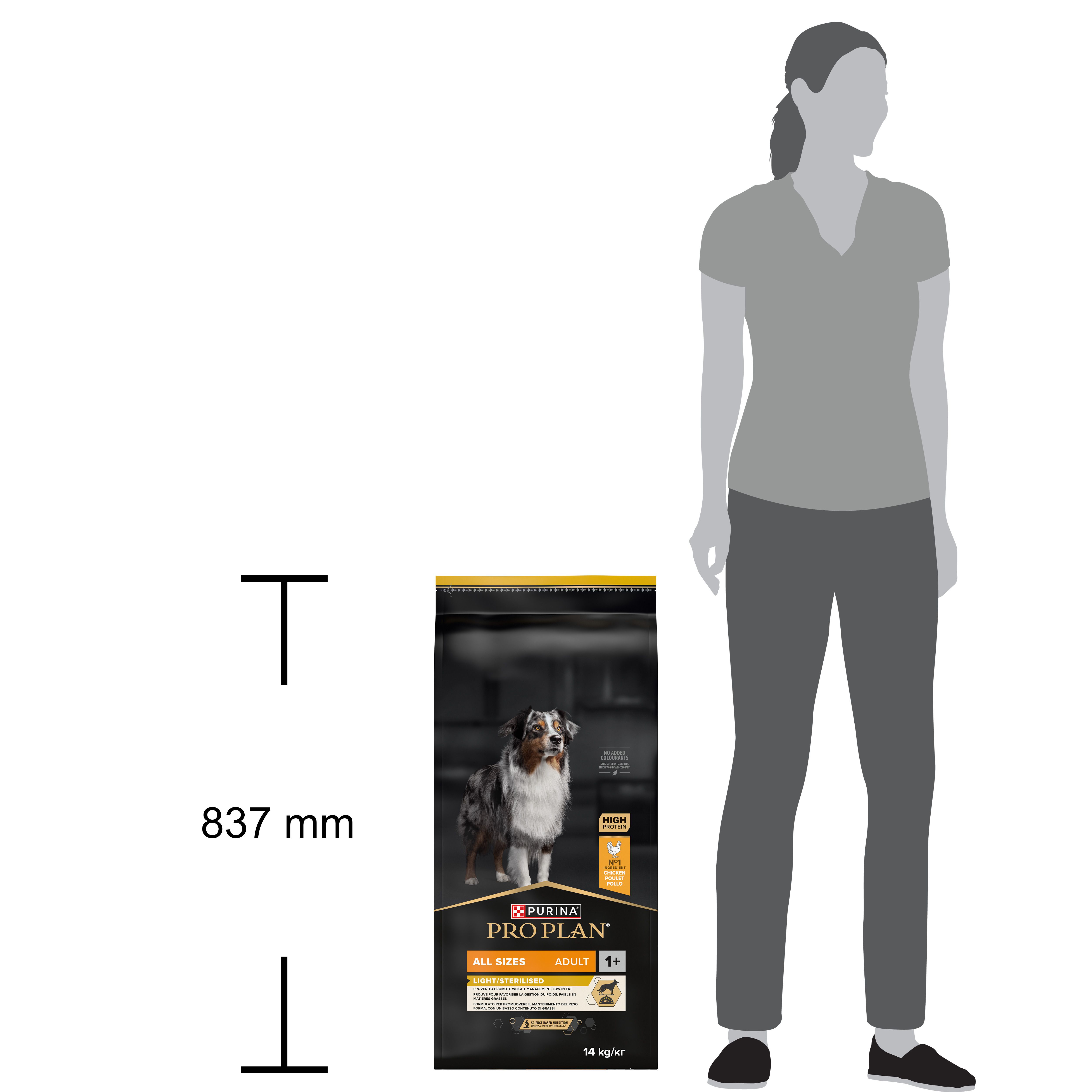 PRO PLAN® Light Sterilized Adult hondenvoer. Zwarte verpakking met hond, gele accenten. Bevat kip.