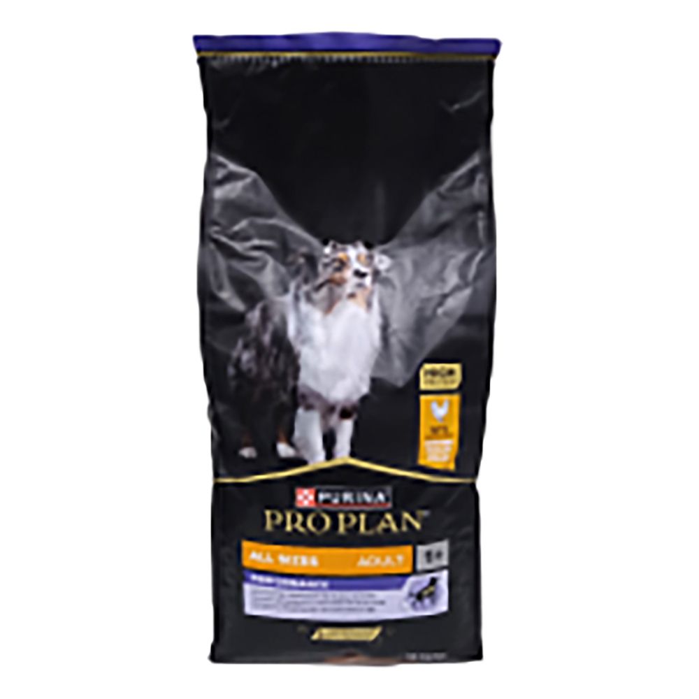 Purina Pro Plan Adult hondenvoer. Zwarte verpakking met hond en productinfo. Bevat kip.