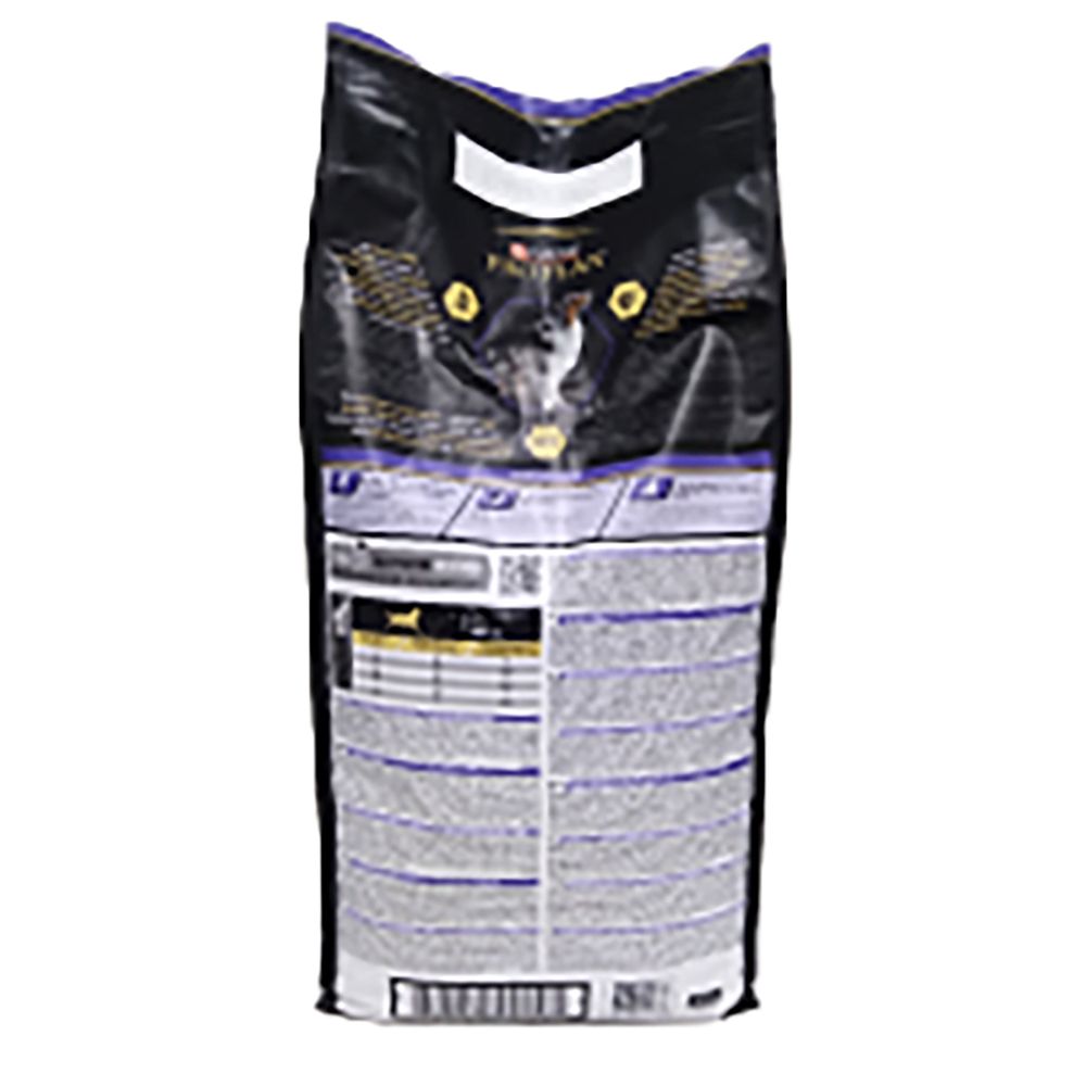 Achterkant van de verpakking van Purina Pro Plan Adult hondenvoer. Bevat info en barcode.