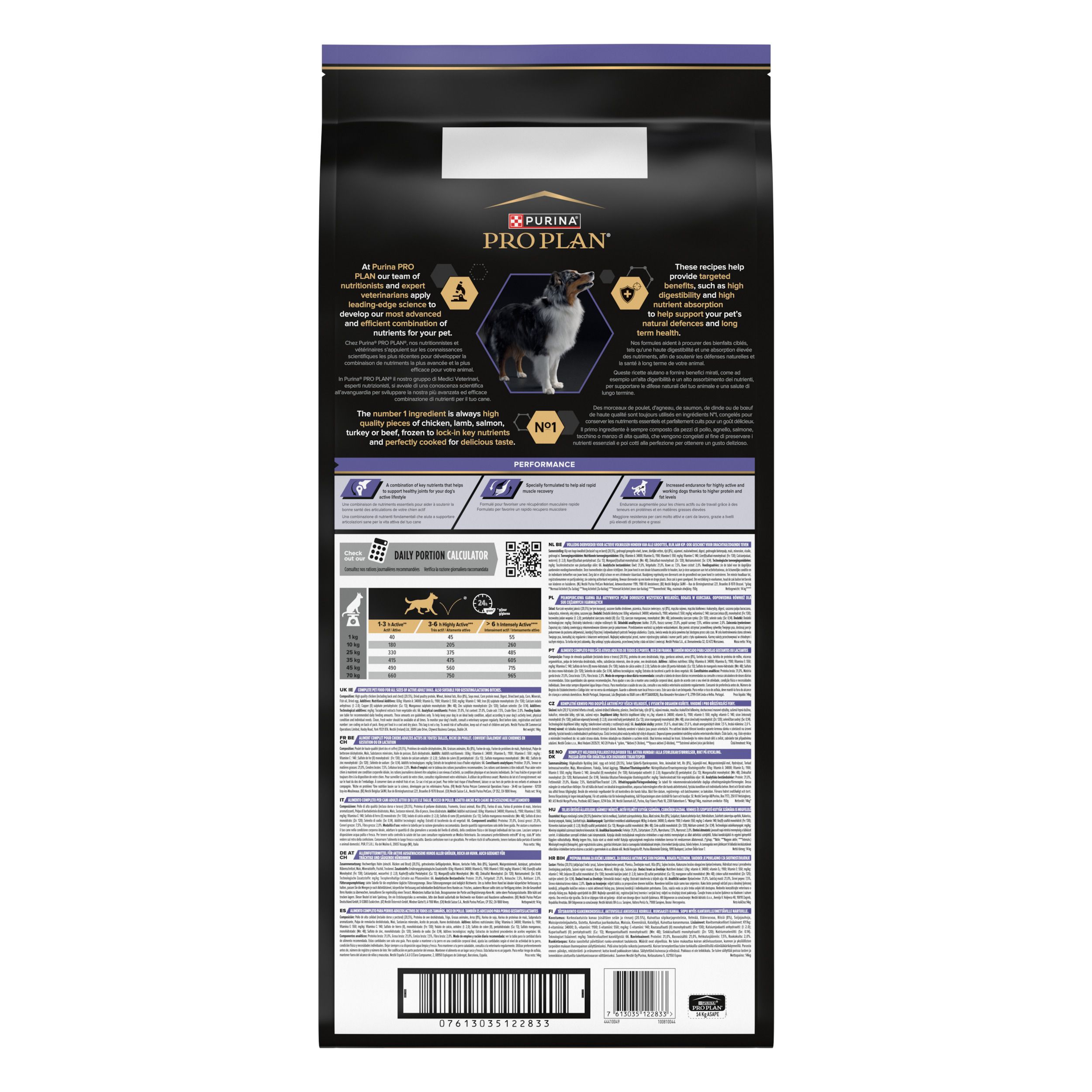 Dos de l'emballage de nourriture pour chiens Purina Pro Plan Adult. Contient des informations et un code-barres.