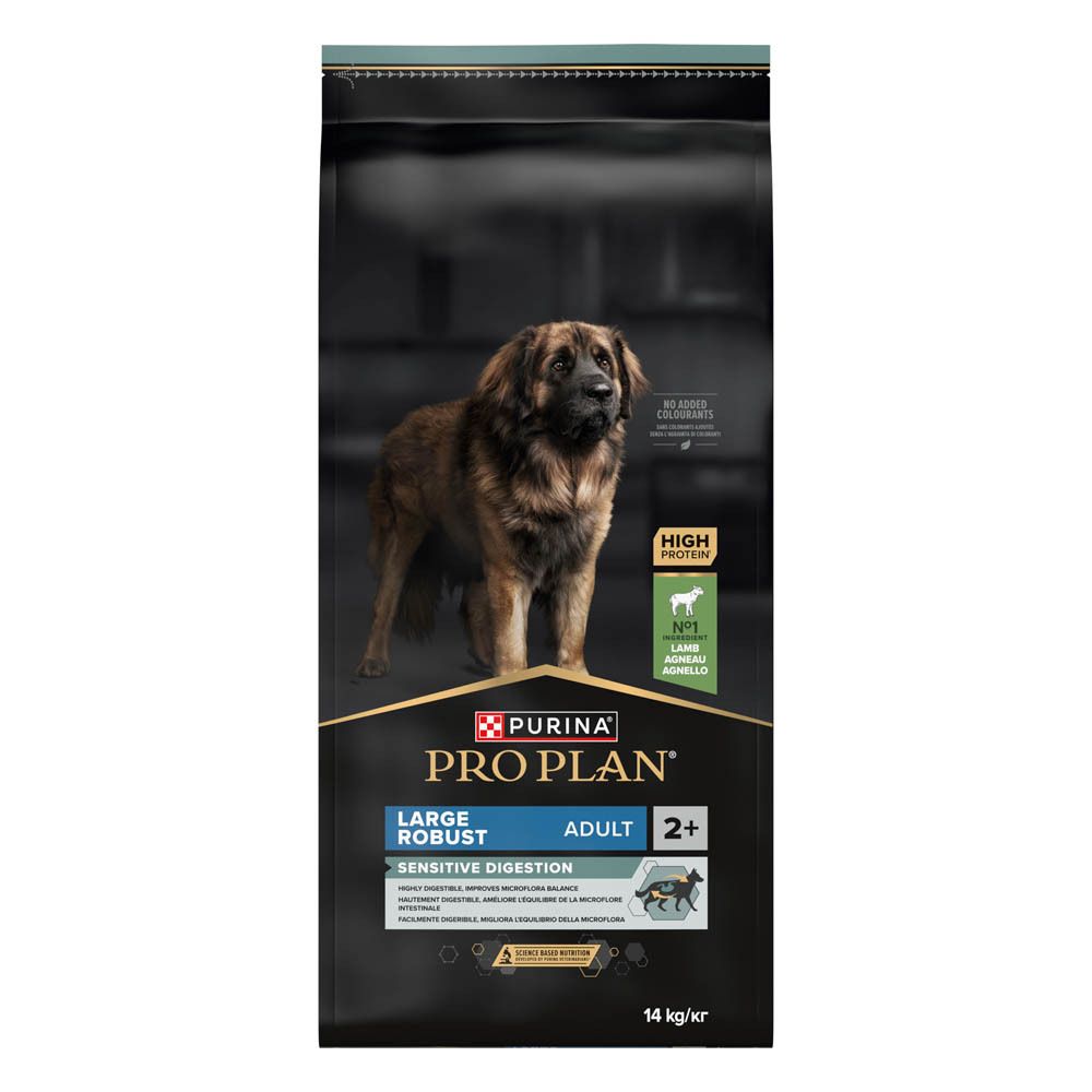 Sac noir de nourriture pour chiens. Inscription : PRO PLAN, LARGE ROBUST, ADULT, SENSITIVE DIGESTION. 14 kg.