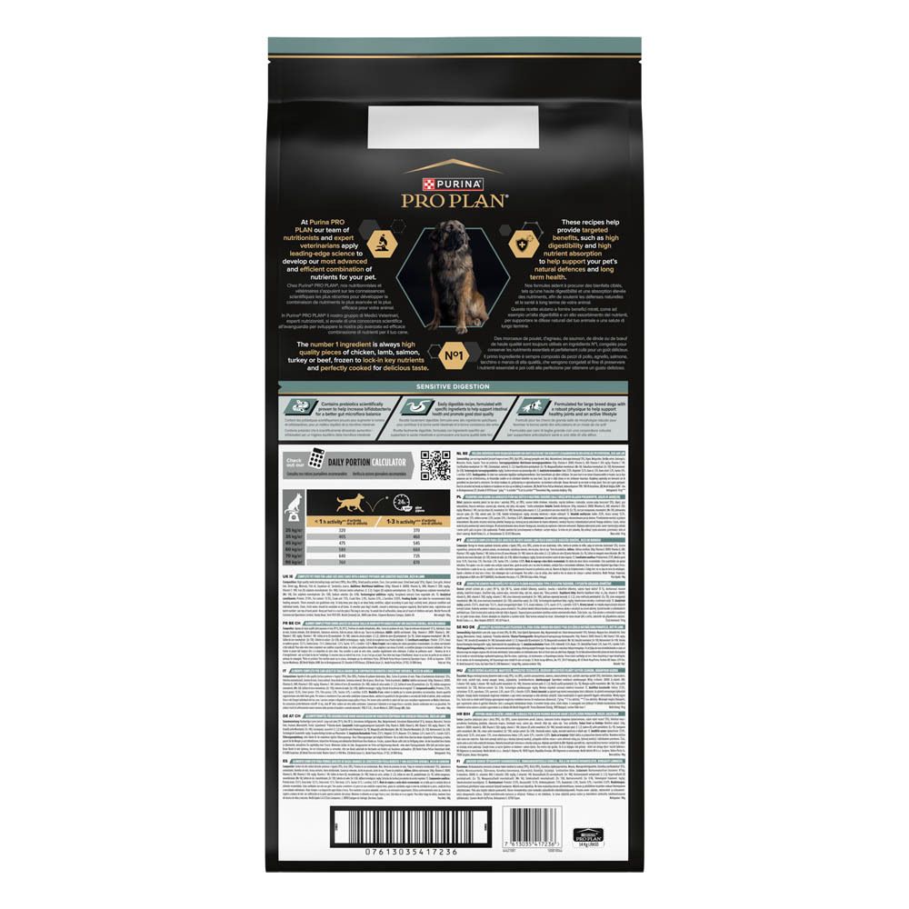 Zwarte zak hondenvoer. Opschrift: PRO PLAN, LARGE ROBUST, ADULT, SENSITIVE DIGESTION. 14 kg.