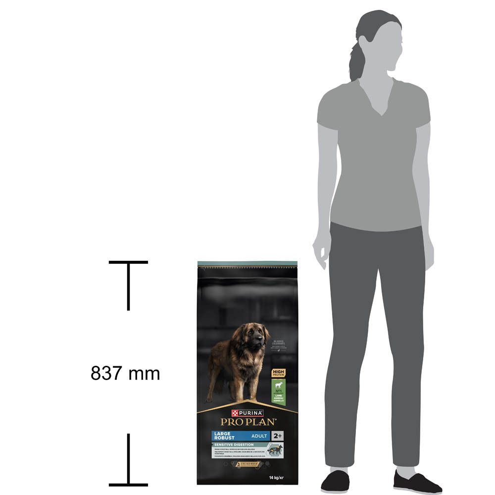 Zwarte zak hondenvoer. Opschrift: PRO PLAN, LARGE ROBUST, ADULT, SENSITIVE DIGESTION. 14 kg.