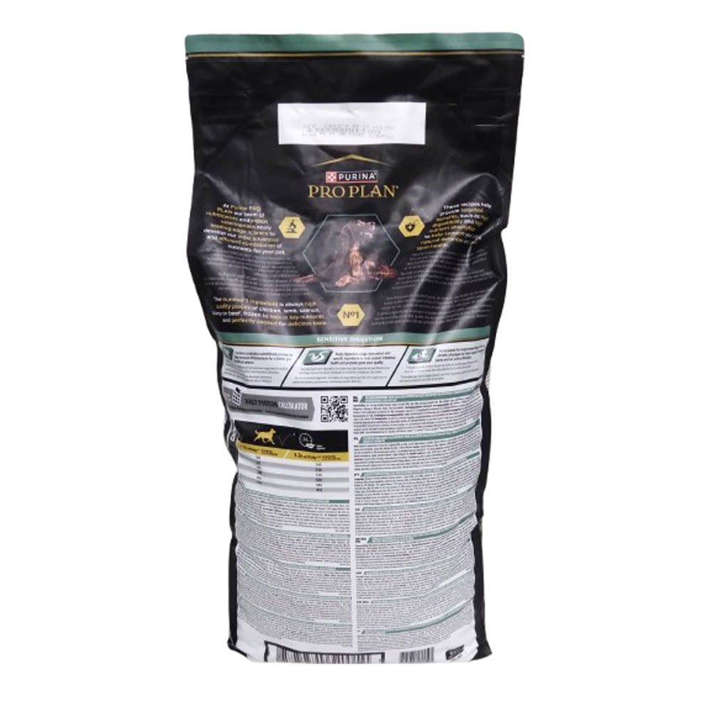 Achterkant van de hondenvoerzak. Tekst en afbeeldingen. PURINA PRO PLAN logo. Informatie over ingrediënten en voeding.