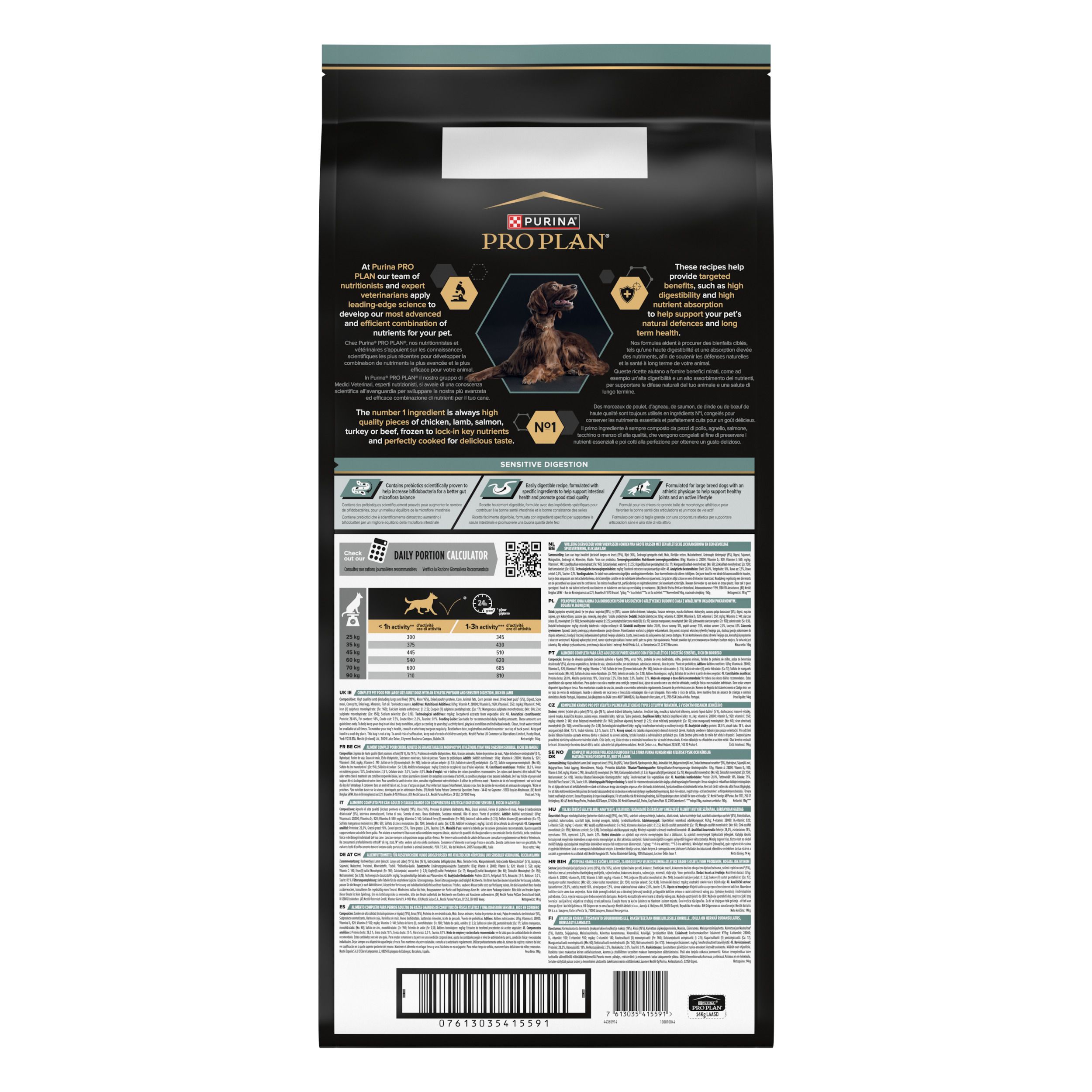 Hondenvoerzak. Opschrift: PURINA PRO PLAN, LARGE ATHLETIC ADULT, SENSITIVE DIGESTION. 14 kg. Achterkant met tekst en afbeeldingen.