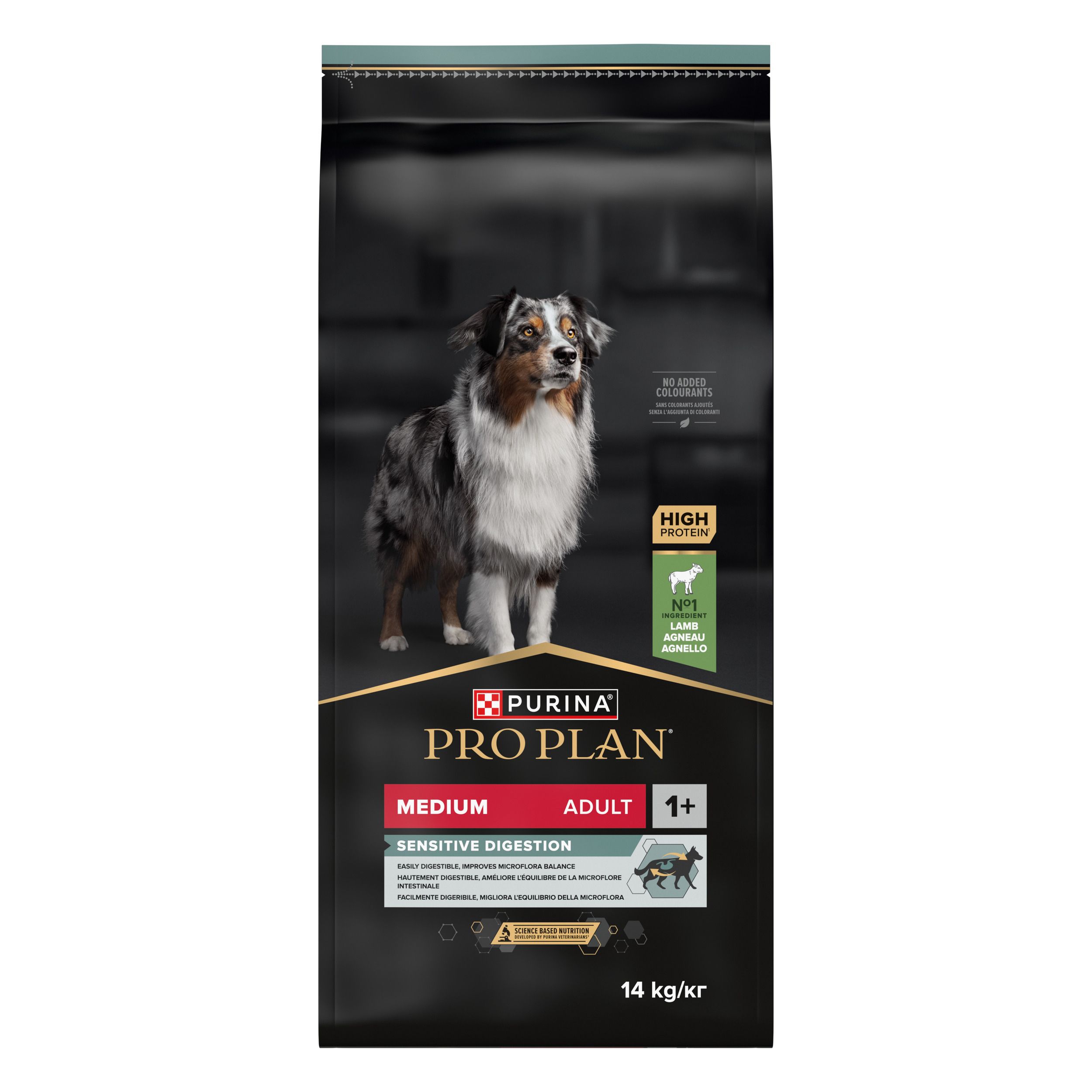 Zwarte zak Purina Pro Plan hondenvoer. Afgebeeld is een hond. Tekst: Medium Adult 1+ Sensitive Digestion.