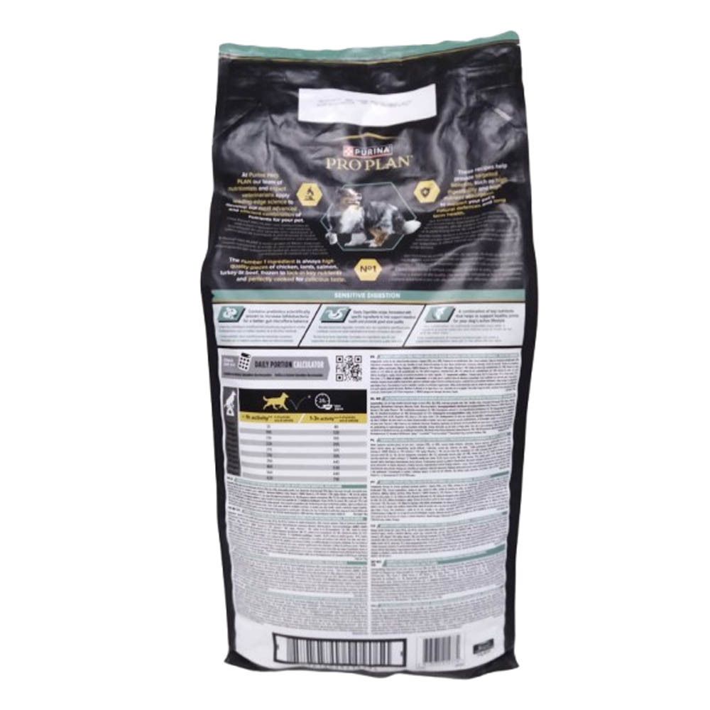 Achterkant van de Purina Pro Plan hondenvoerzak. Bevat informatie over ingrediënten en voedingsaanbevelingen.