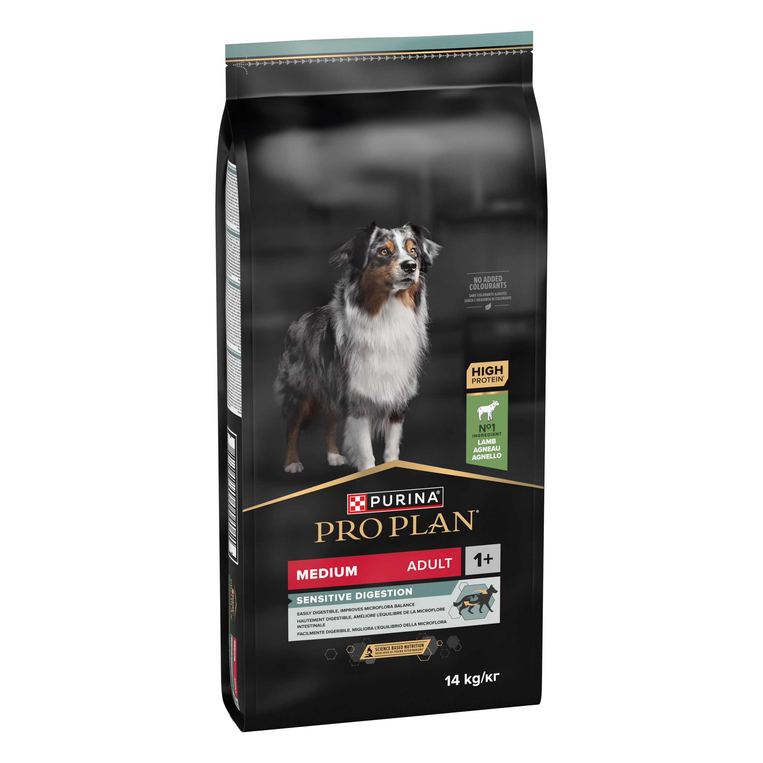 Zwarte zak Purina Pro Plan hondenvoer. Afgebeeld is een hond. Tekst: Medium Adult 1+ Sensitive Digestion.