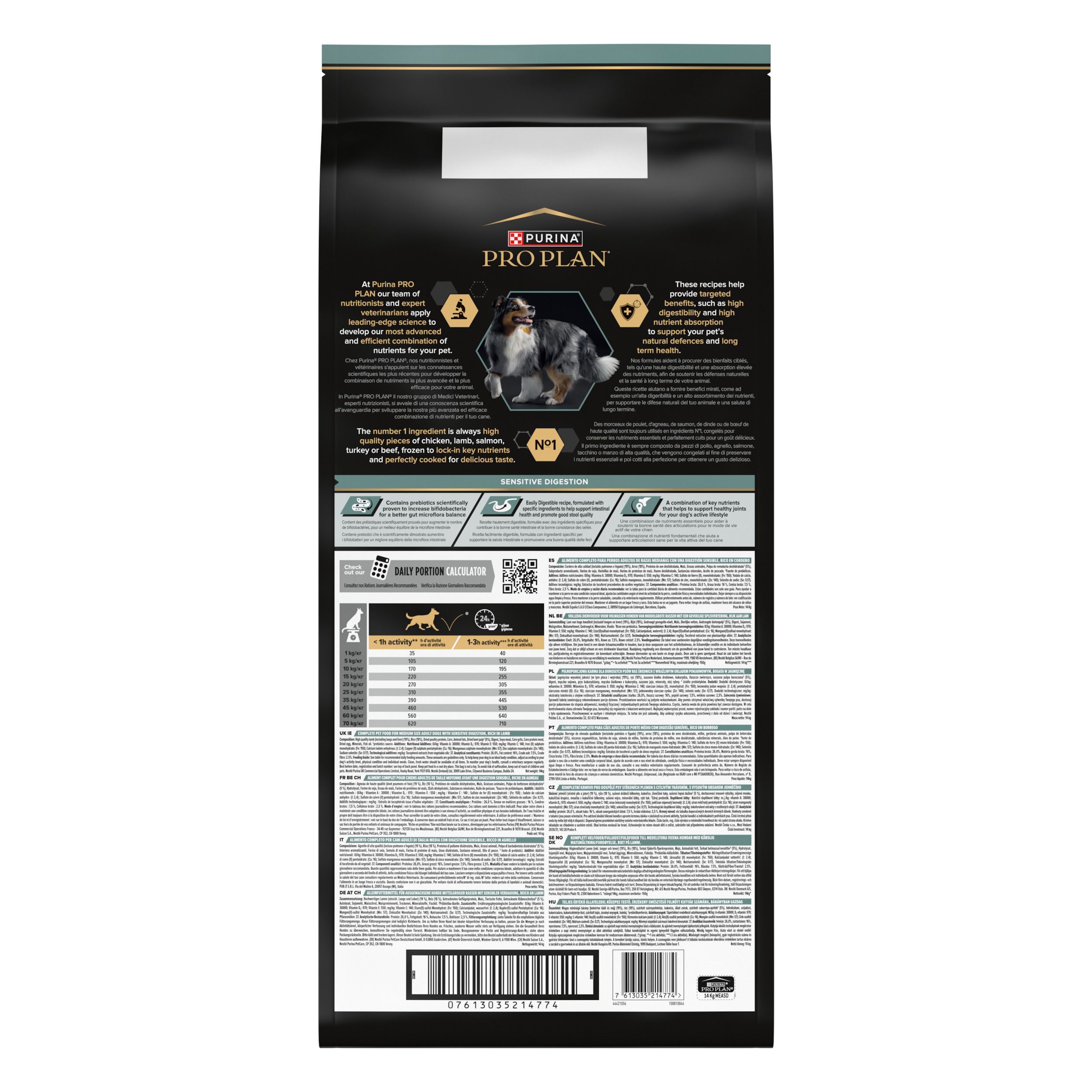 Zwarte zak Purina Pro Plan hondenvoer. Afgebeeld is een hond. Tekst: Medium Adult 1+ Sensitive Digestion.