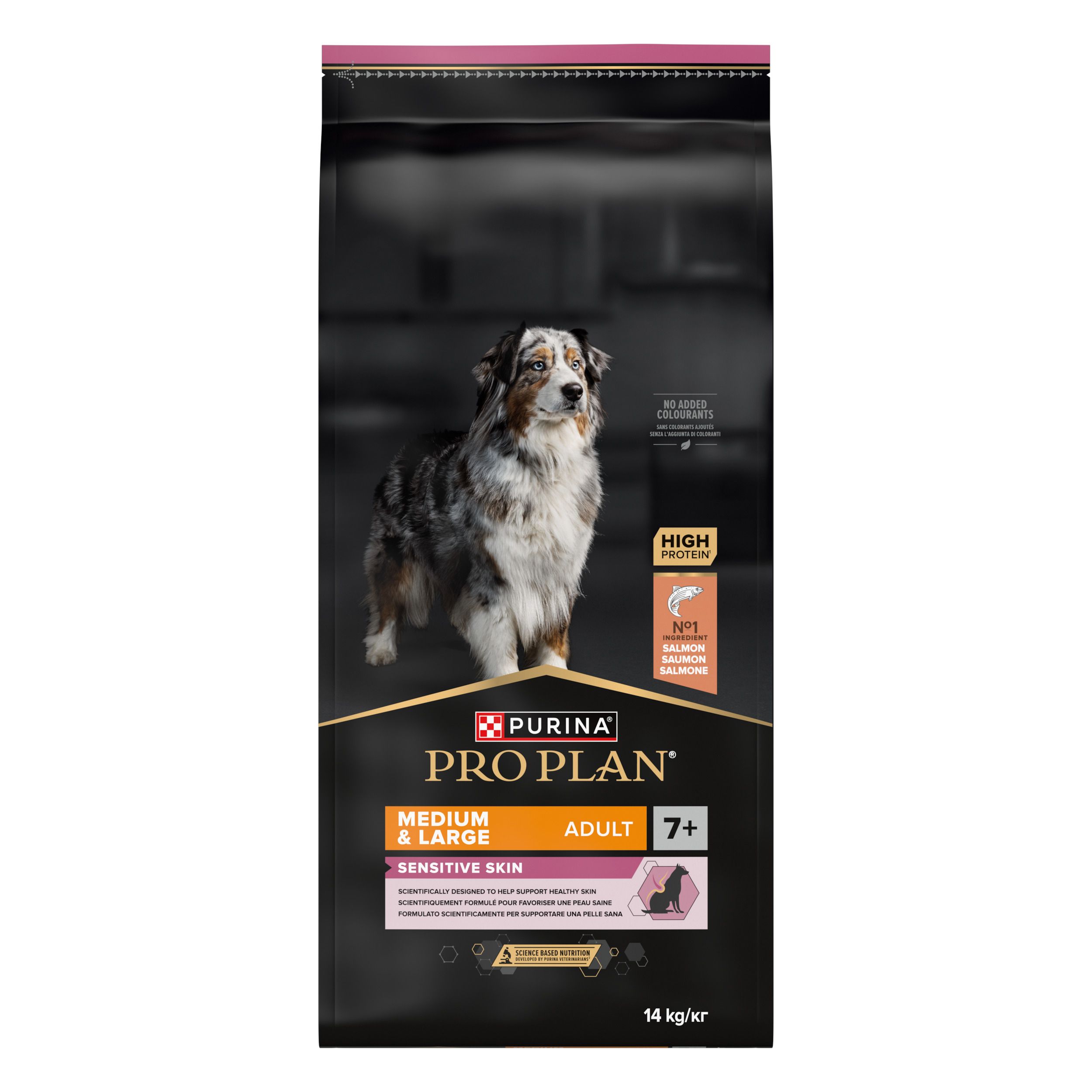 Purina Pro Plan hondenvoerzak, voorkant. Voor honden vanaf 7 jaar met een gevoelige huid. 14 kg.