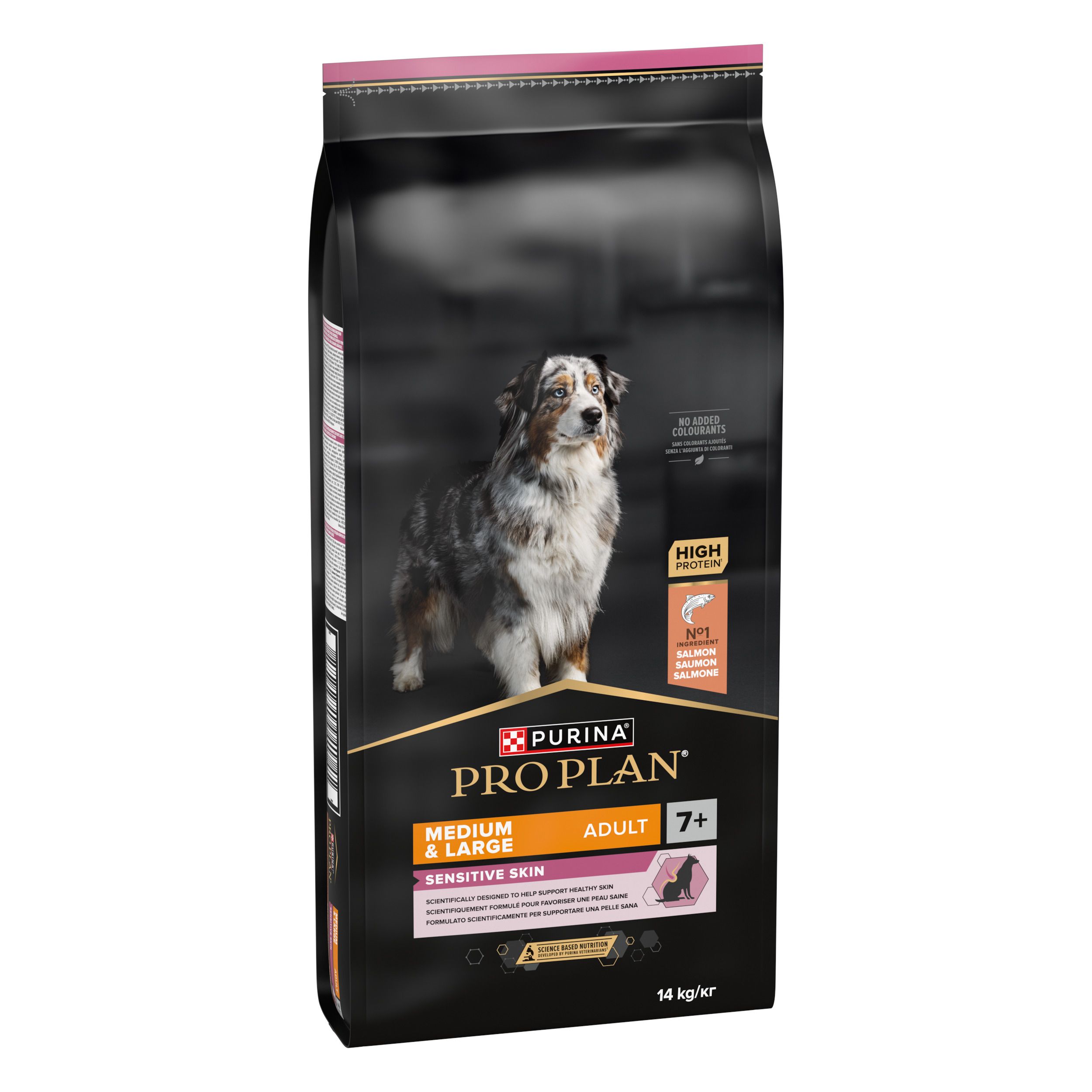 Purina Pro Plan hondenvoerzak, voorkant. Voor honden vanaf 7 jaar met een gevoelige huid. 14 kg.