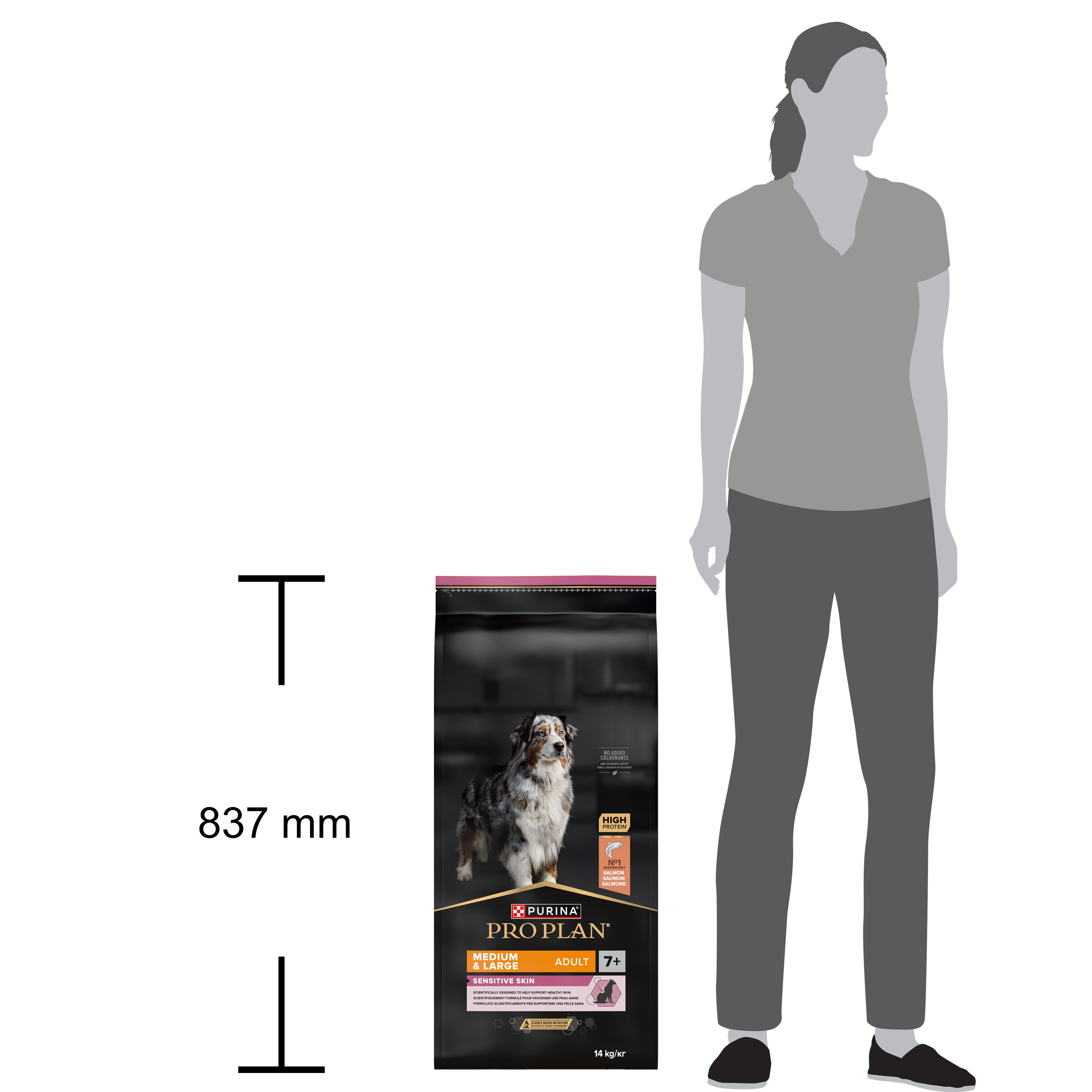 Afbeelding van een hondenvoerzak naast een vrouw. Maatvergelijking. Zak: Purina Pro Plan.